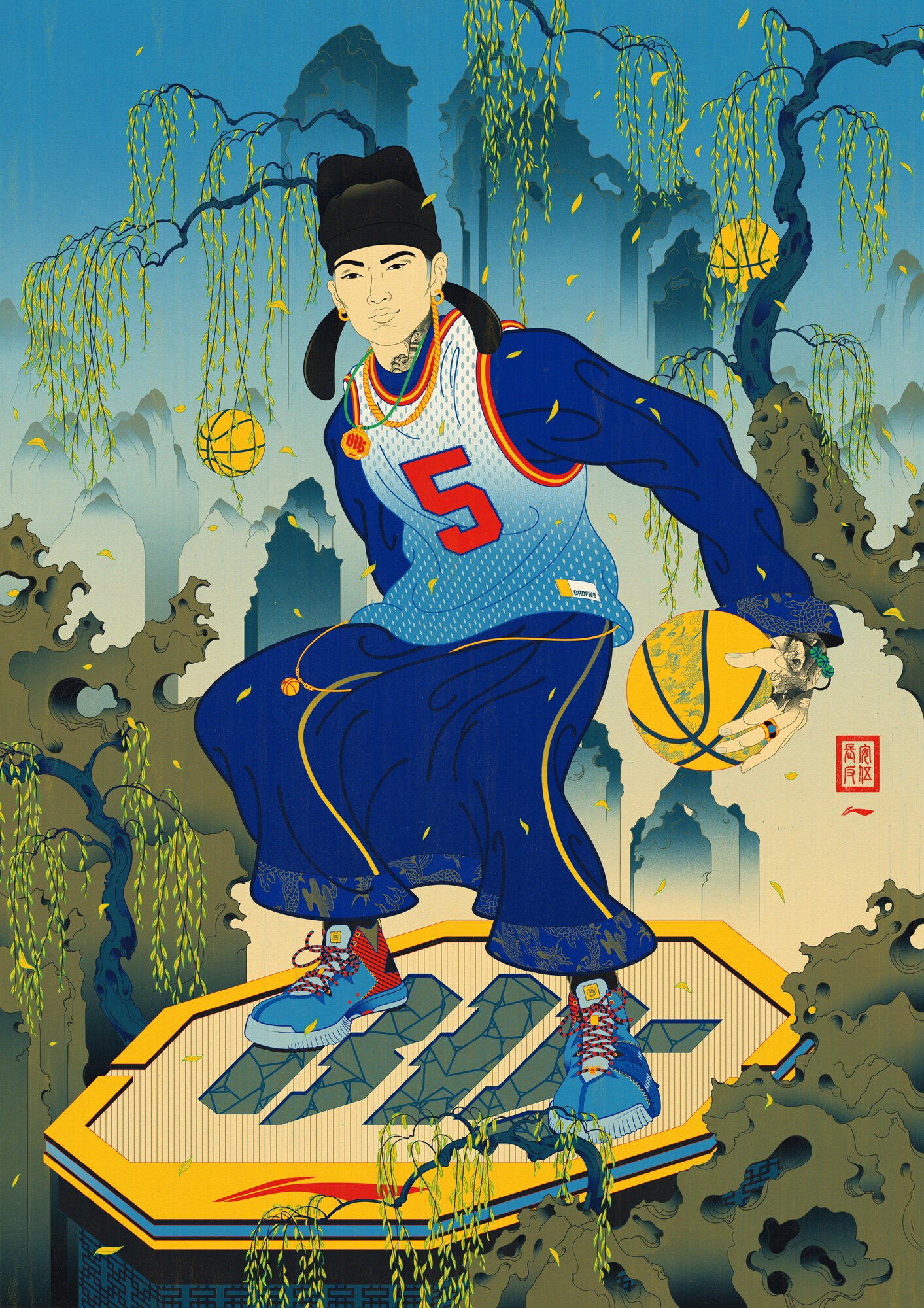 Li-Ning BAD5 character illustration showing a basketball player in a blue jersey with Tang dynasty-inspired styling, standing on a court surrounded by willow trees and mountains.