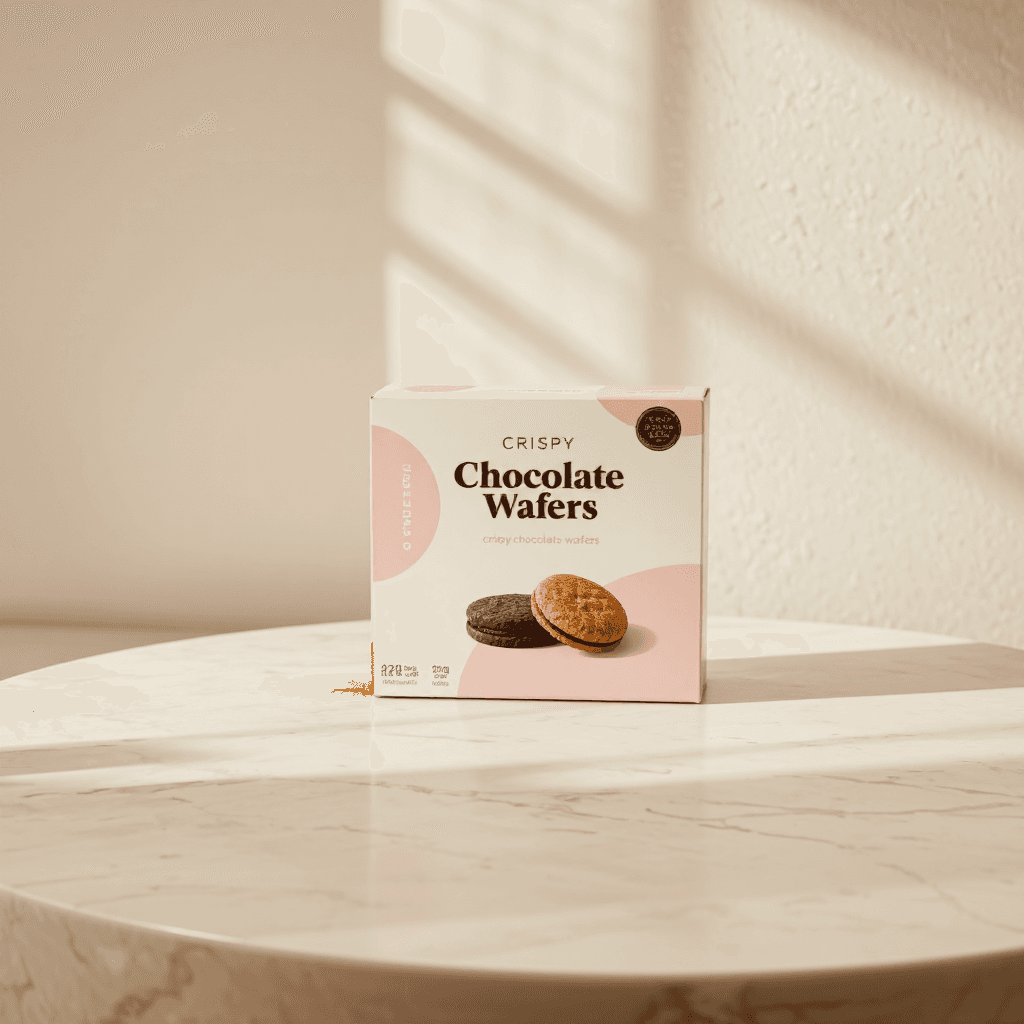 product photography of a box of crispy chocolate wafers