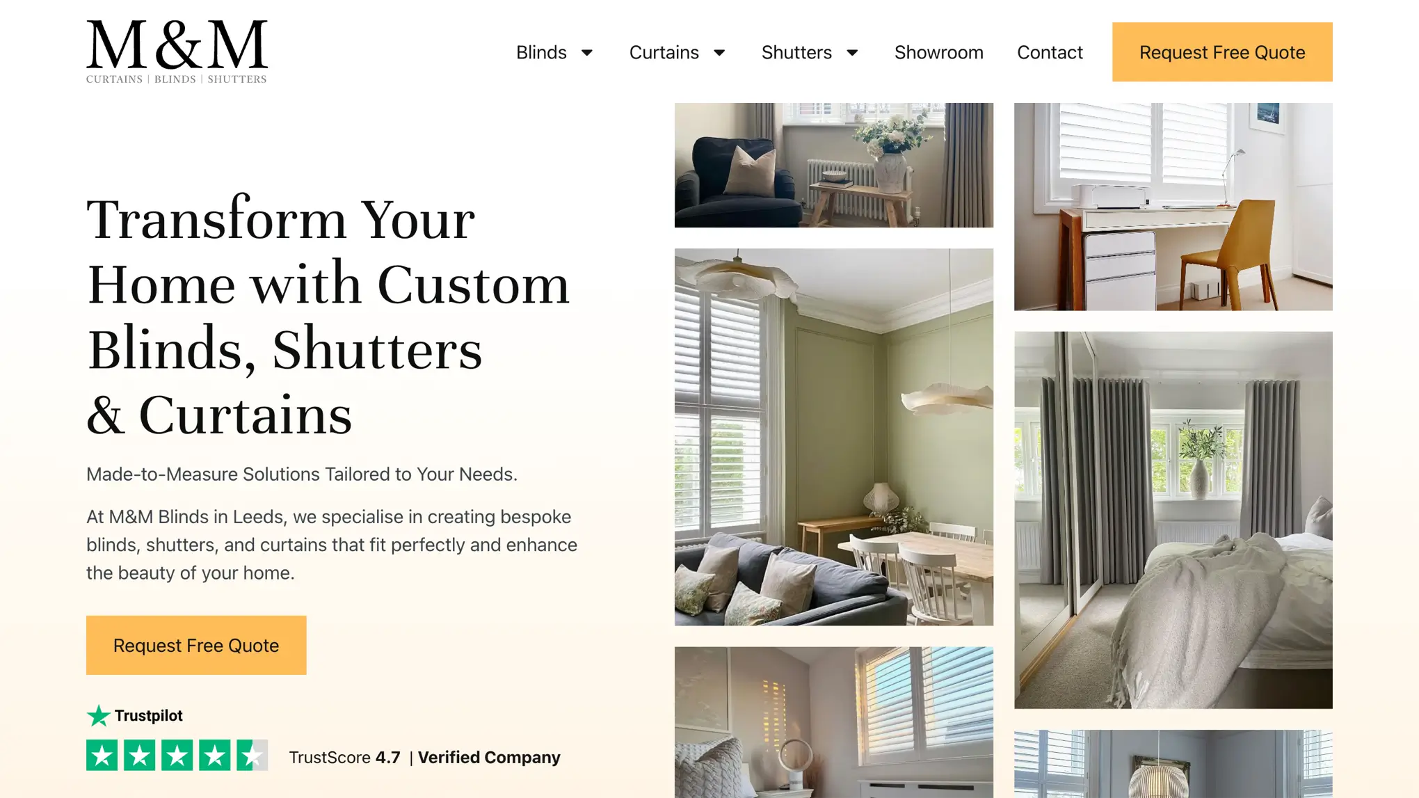 M&M website showcasing custom blinds, shutters, and curtains with a "Request Free Quote" button.