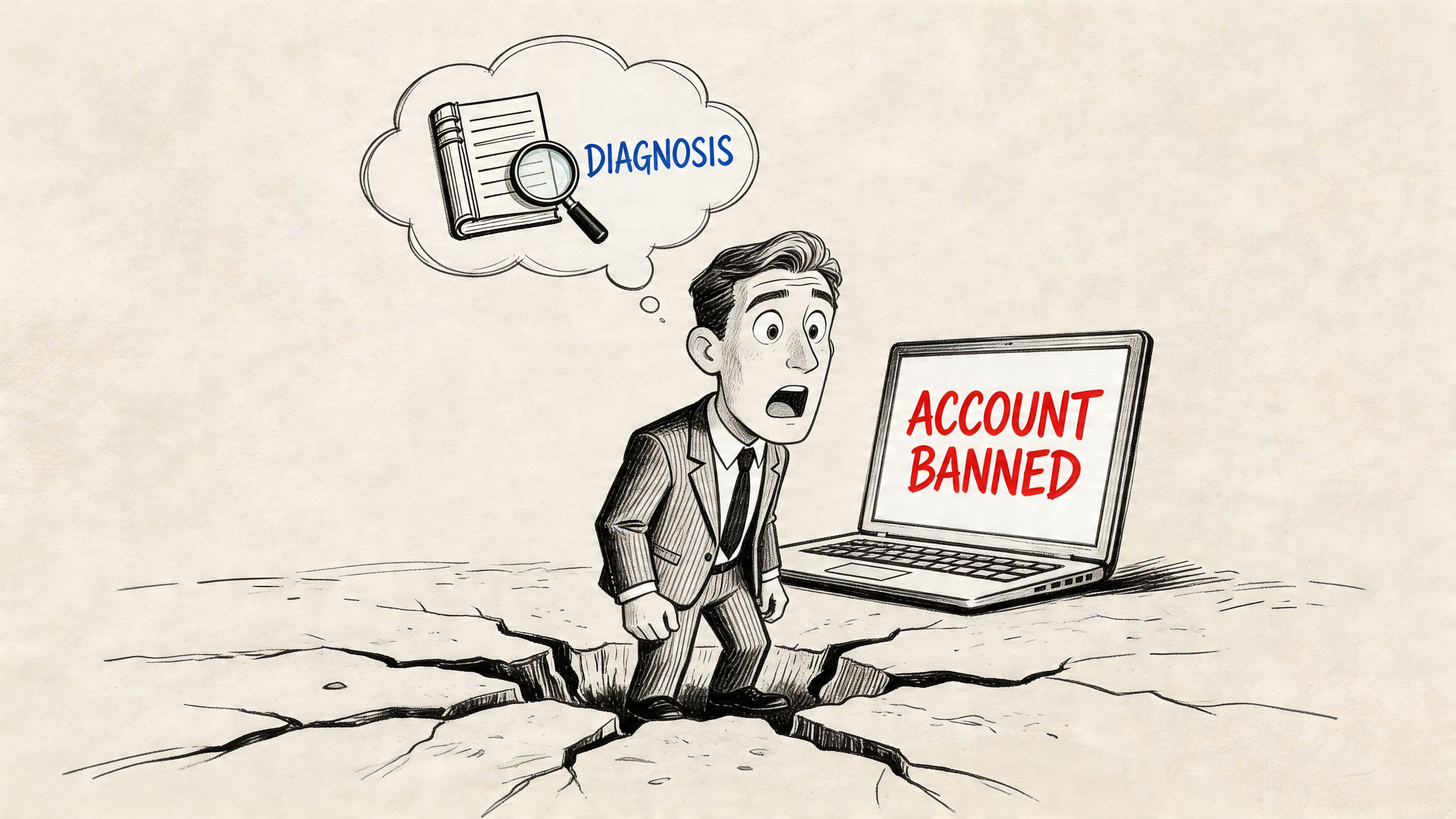 A shocked businessman stands in a cracked ground crevice while looking at a laptop displaying account banned text.