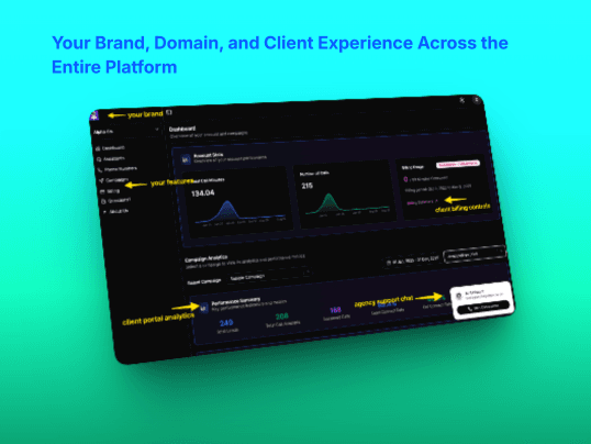 Hosted AI voice and chat white-label portal screenshot with custom agency branding, automatic updates, and branded client support chat | VoiceAIWrapper.