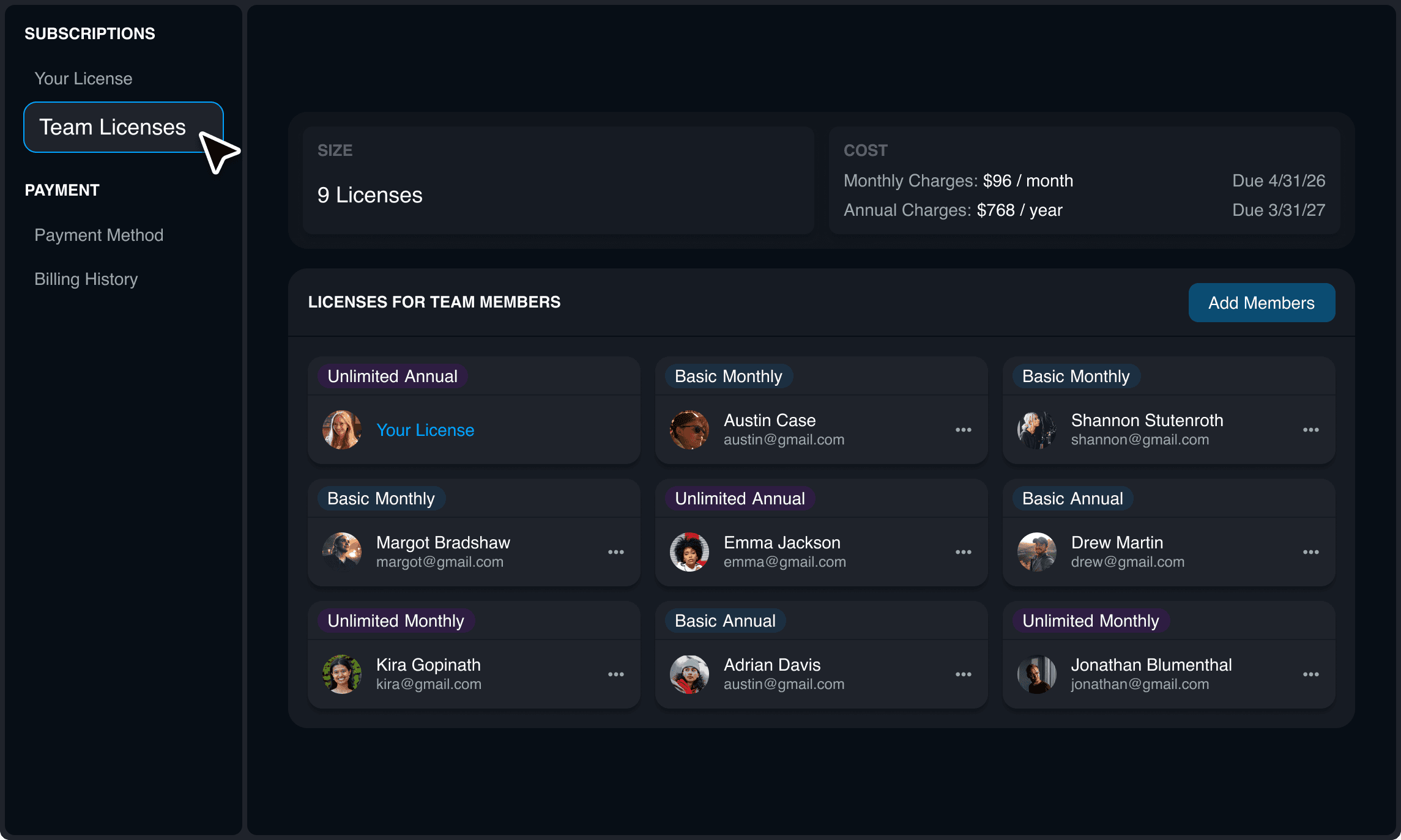 Manage your team with licenses