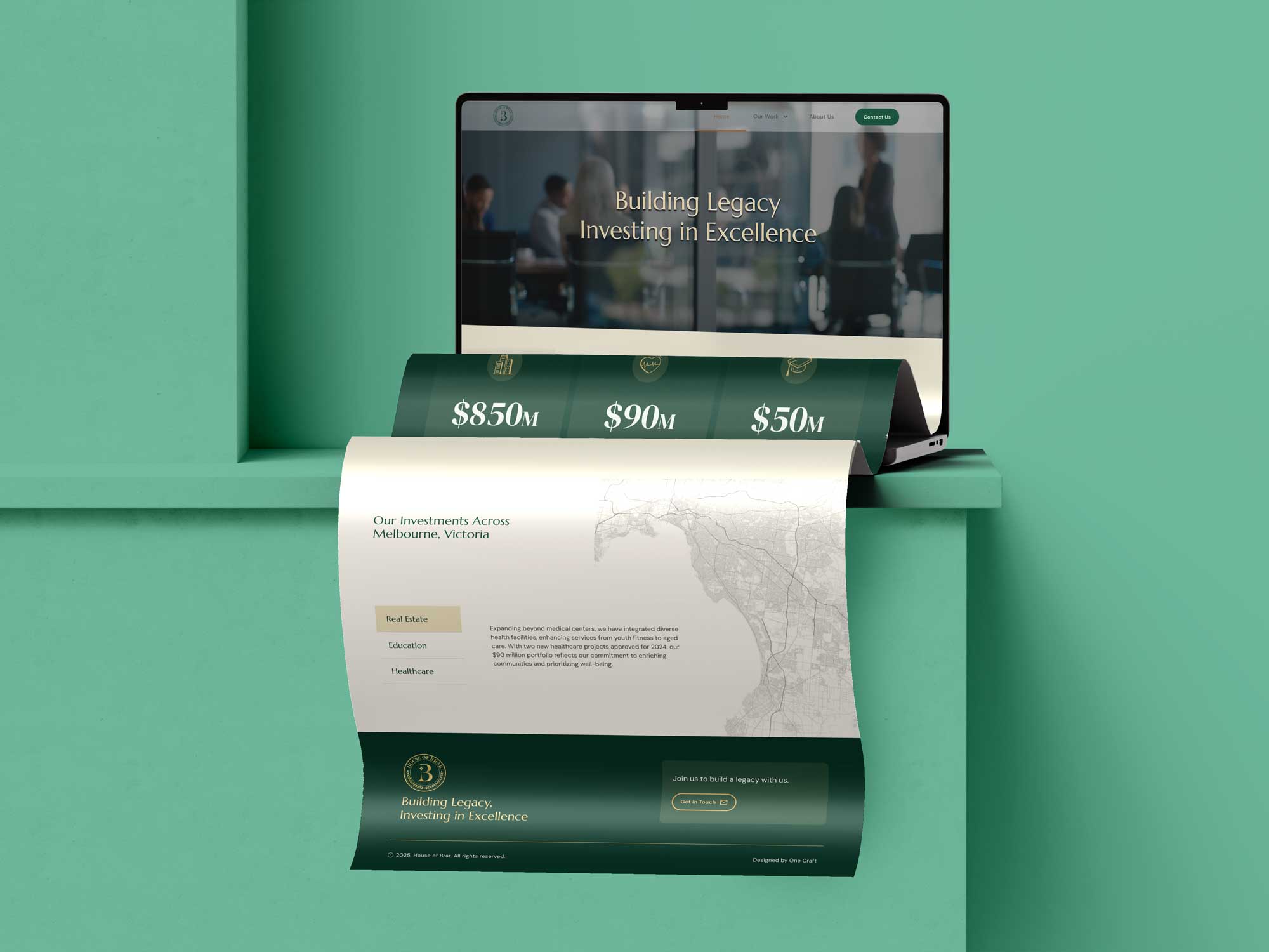 House of Brar family office website design showing layered pages with 'Building Legacy, Investing in Excellence' hero banner, investment value metrics ($850M, $90M, $50M), and elegant green and gold brand color scheme with marble texture