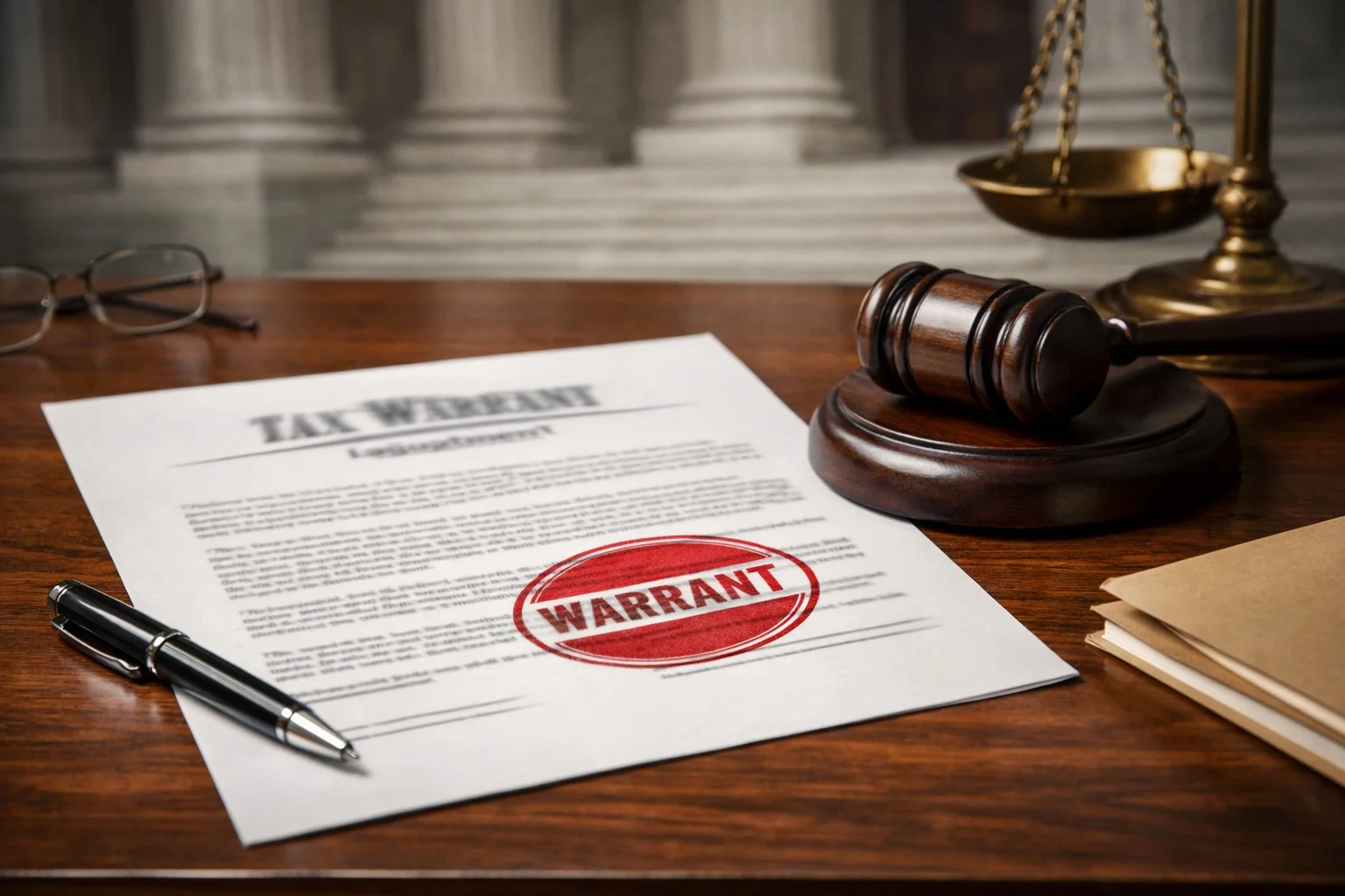 Stamped legal document on a desk with a faint courthouse in the background, symbolizing a tax warrant or legal judgment.