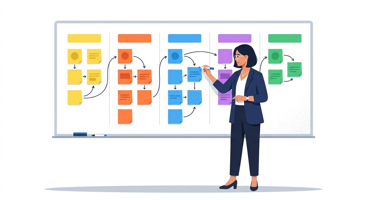 Flat illustration of a person refining mobile app UI mockups on a large screen with multiple design variations side by side.