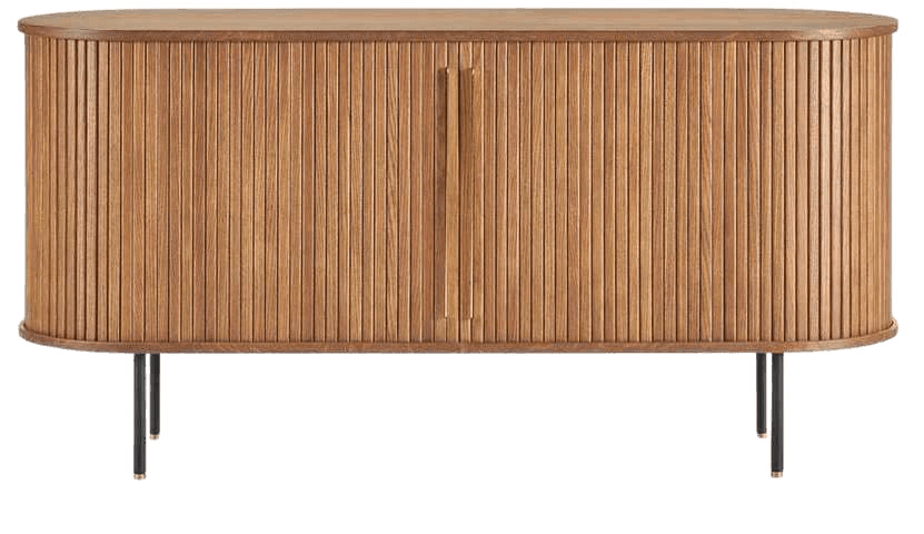 Curved wooden sideboard cabinet with ribbed texture and metal legs