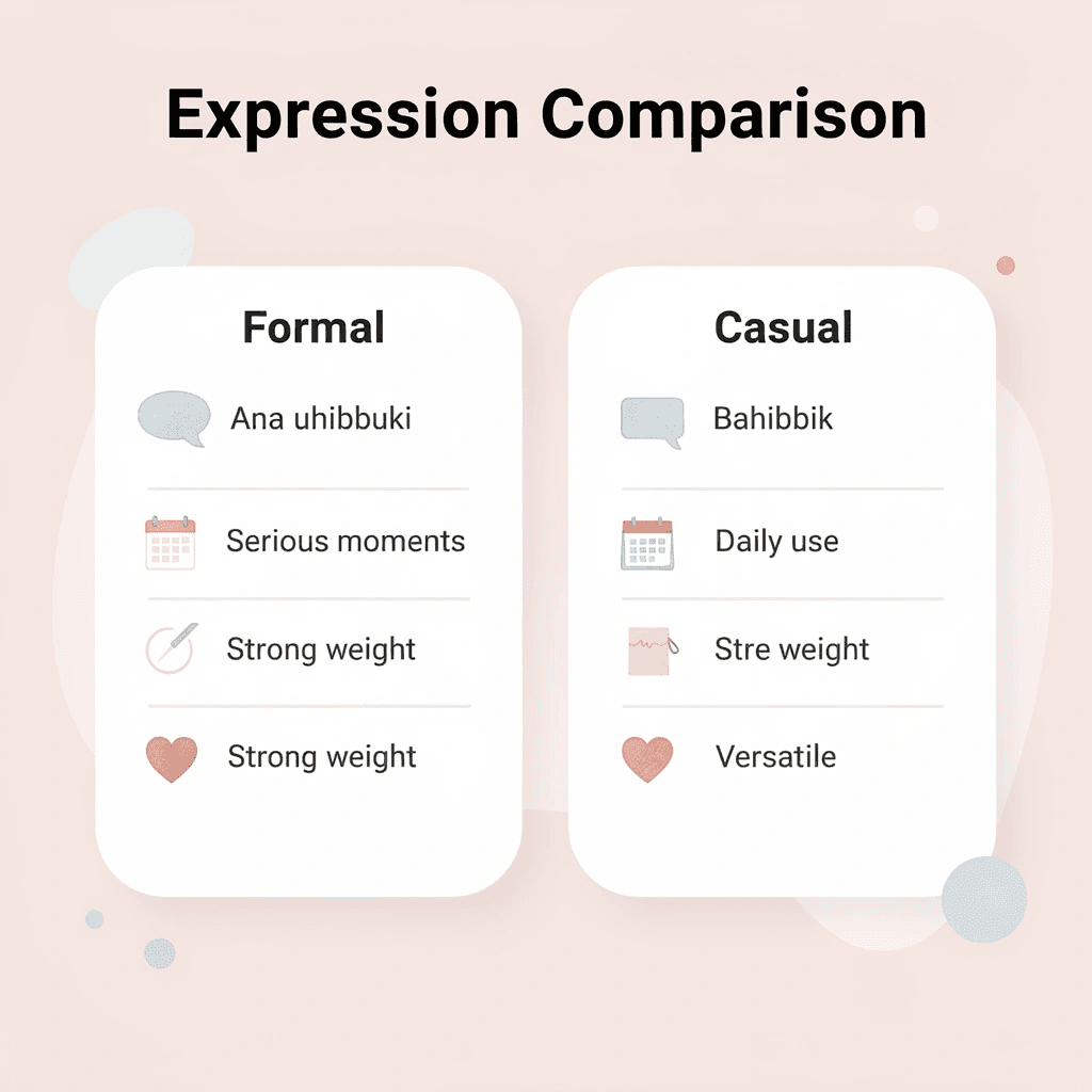 Comparison table of formal vs casual Arabic love expressions