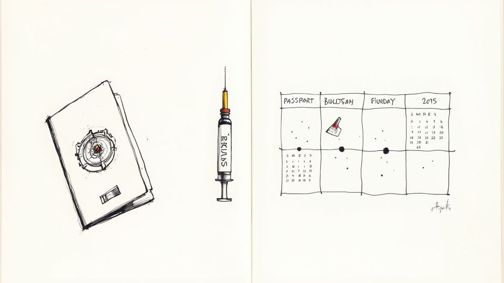 A person holding a small dog while looking at travel documents and a laptop, planning their move.