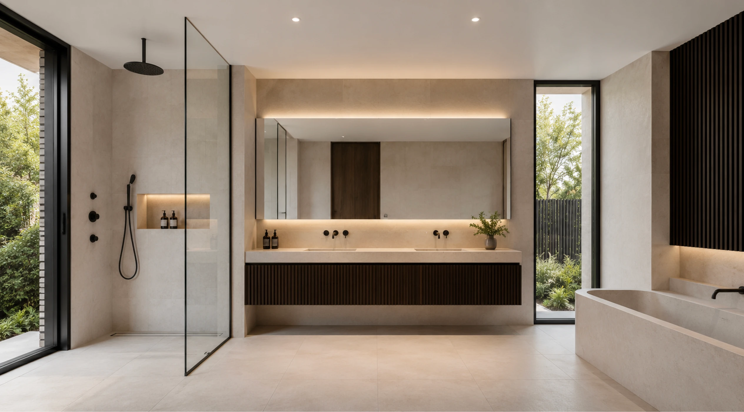 Banheiro moderno e espaçoso, com chuveiro de vidro, bancada dupla, espelho amplo, banheira e iluminação indireta.