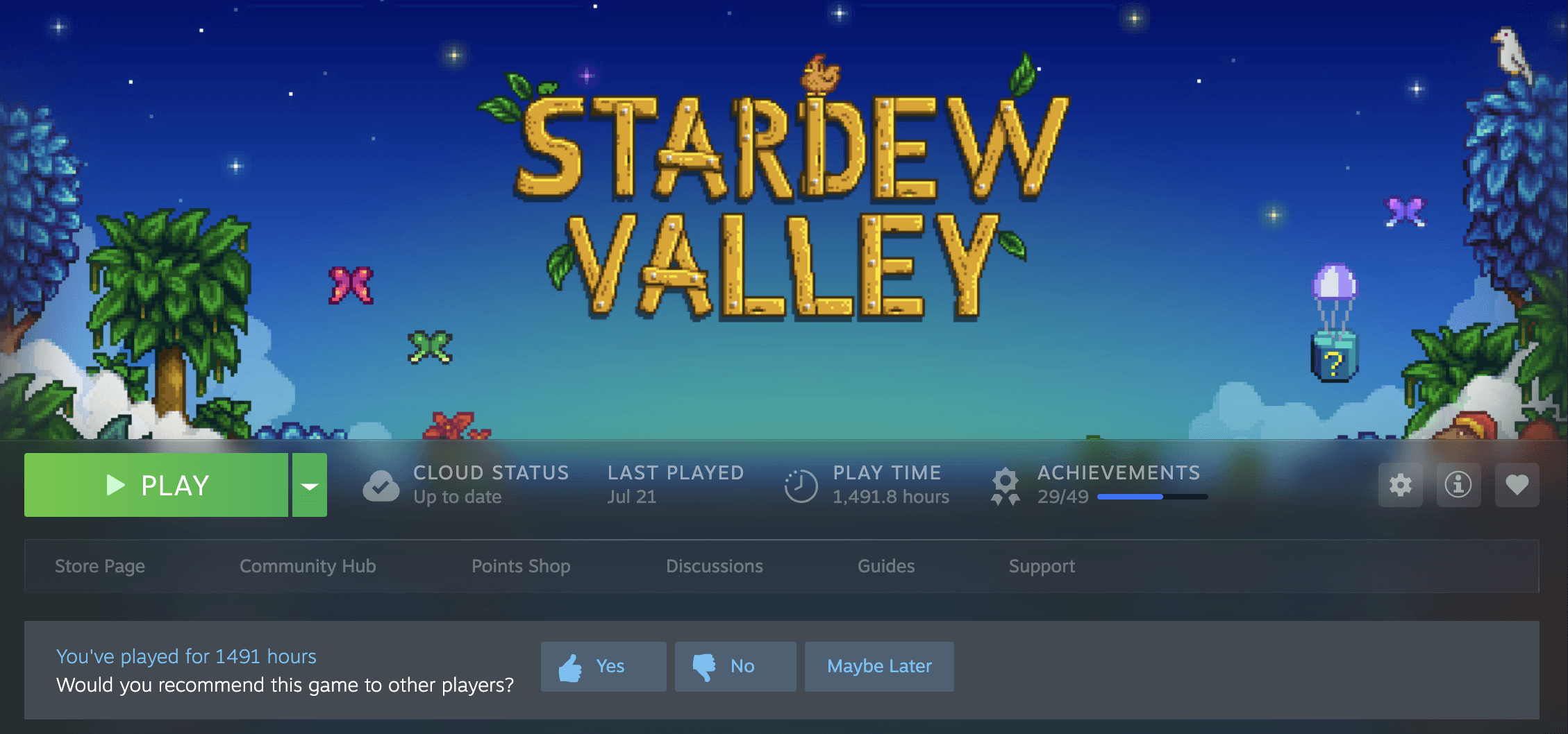 Stardew Valley Steam profile showing 1,491.8 hours played and no recommendation submitted.
