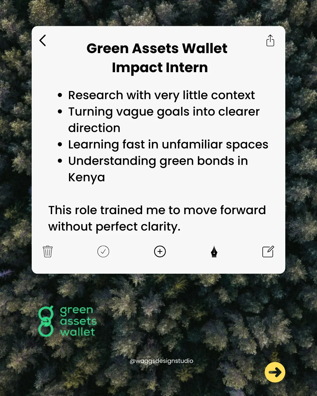 An overhead view of a dense forest serves as the background for a digital note detailing an internship experience with Green Assets Wallet, highlighting skills such as context-driven research and understanding green bonds in Kenya.