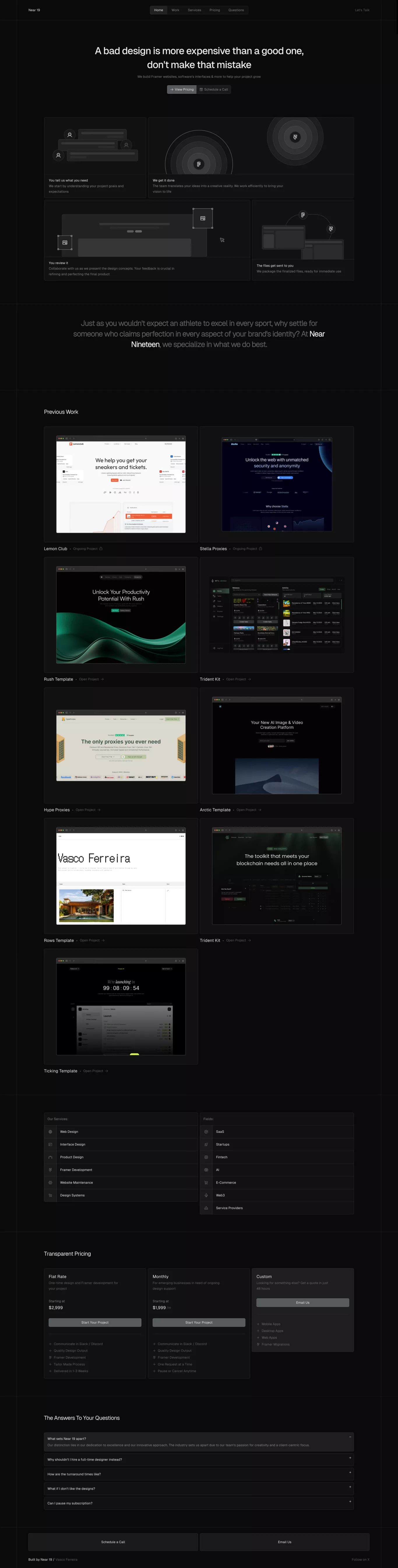 Near Nineteen landing page screenshot showcasing Design and Tech design