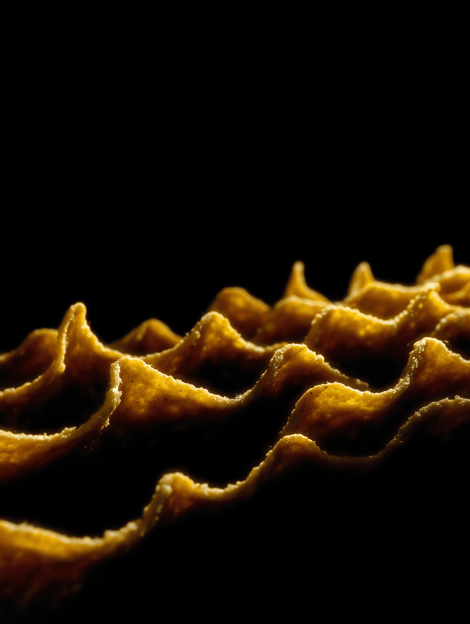 Close-up of golden, textured corn chips on a black background.
