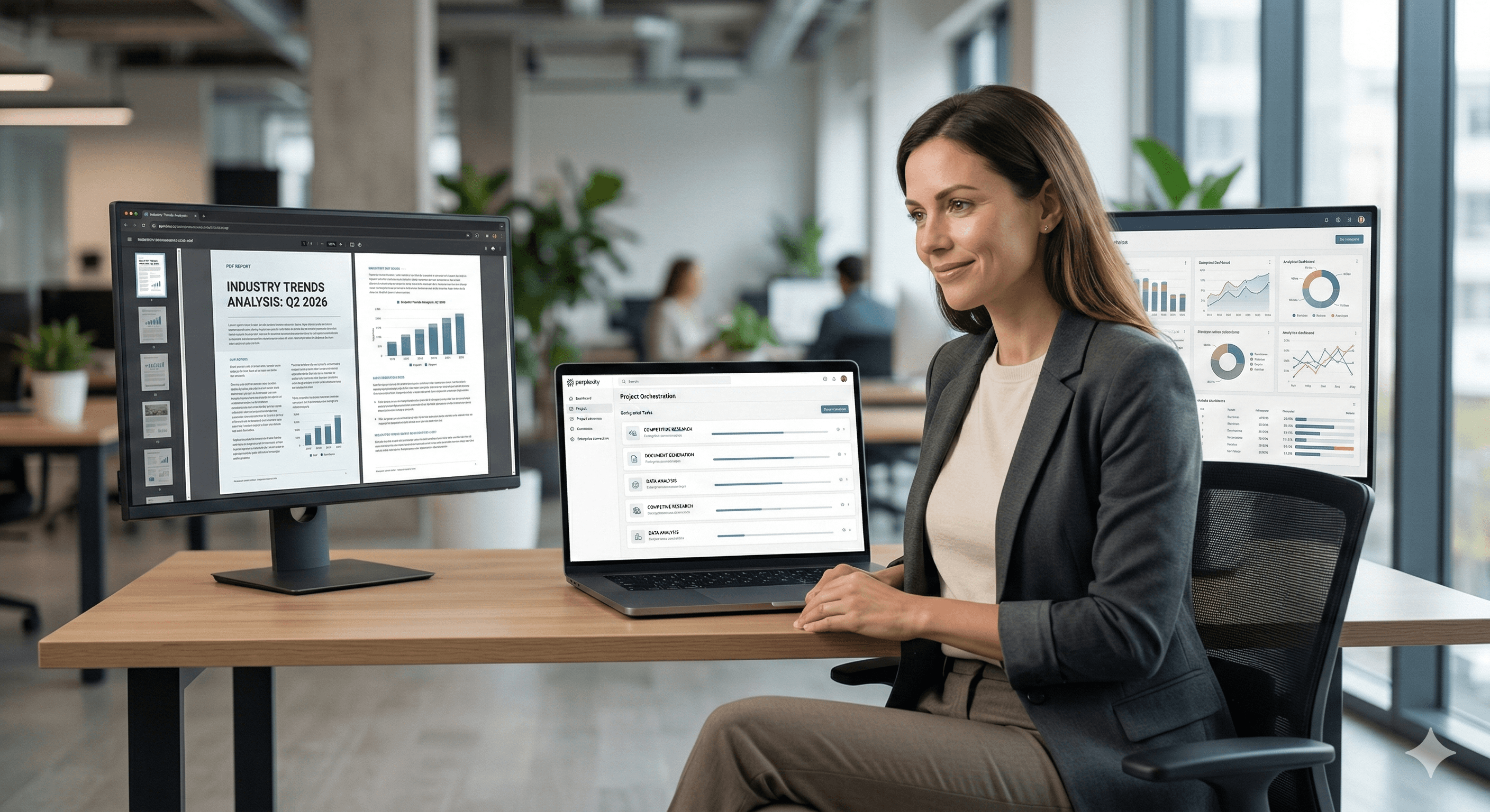 A woman in a modern office setting sits at a desk with three screens displaying data and graphs related to industry trends and analysis, showcasing the application of new AI technology in business analytics.