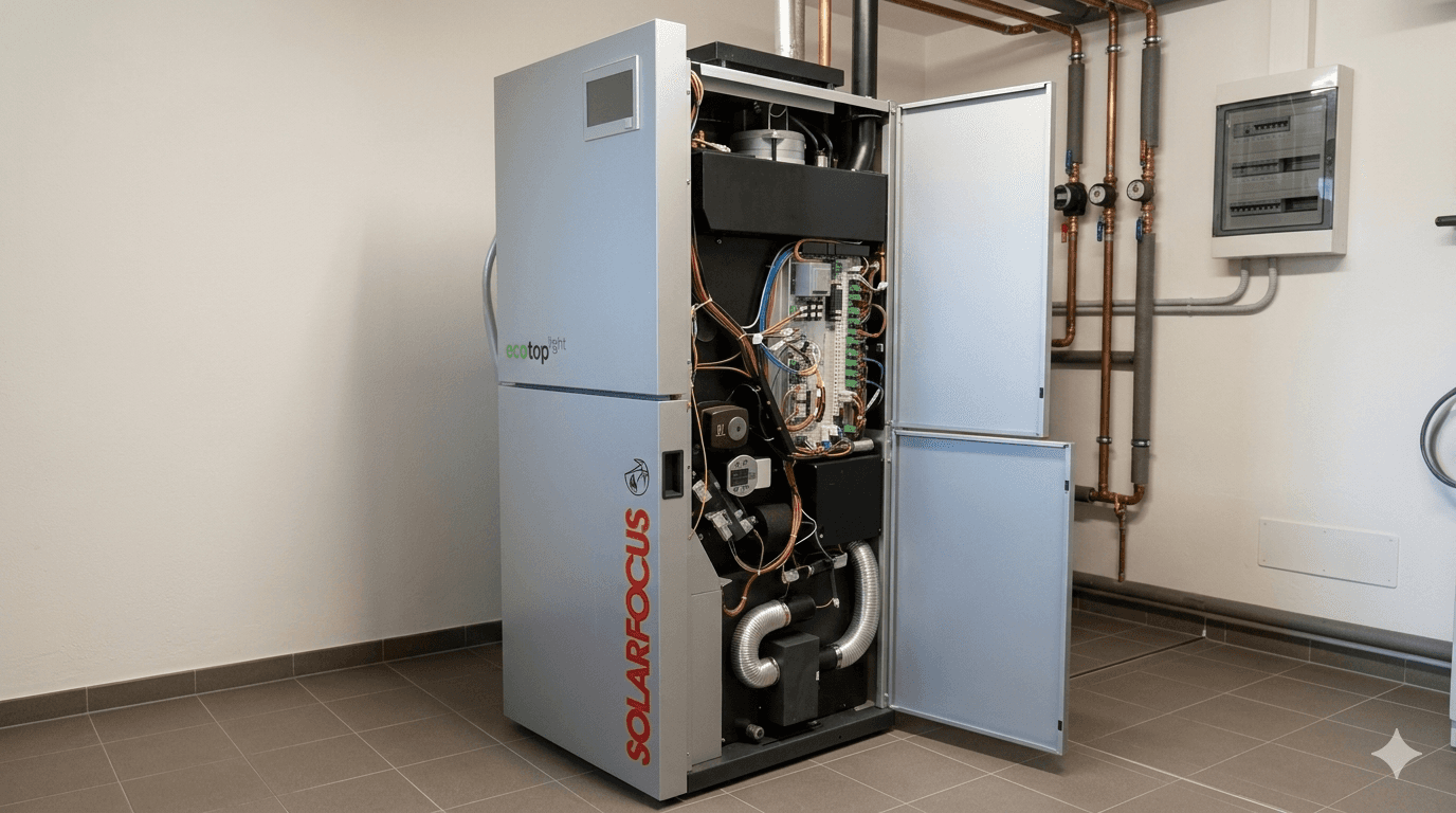 Interno caldaia a pellet Solarfocus Ecotop Light con componenti elettronici e sistema di combustione