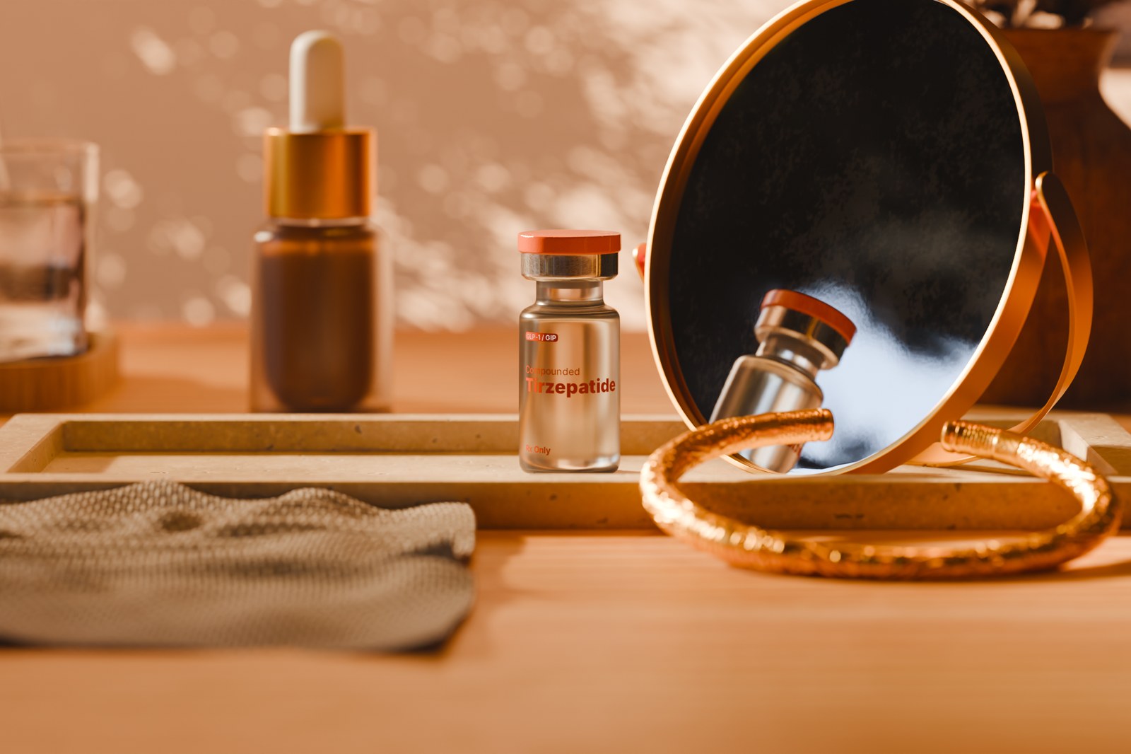 A vial of SeshDx compounded tirzepatide on a vanity tray beside a mirror.
