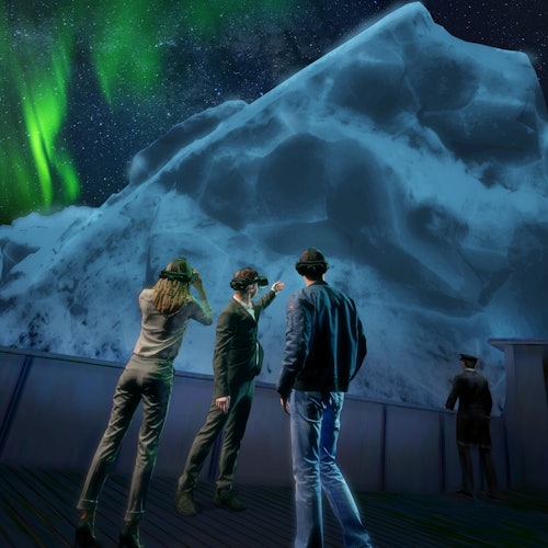Tiga orang di atas geladak kapal memandang bongkah ais besar di bawah langit malam berbintang dengan aurora hijau. Seorang lagi berdiri berhampiran.