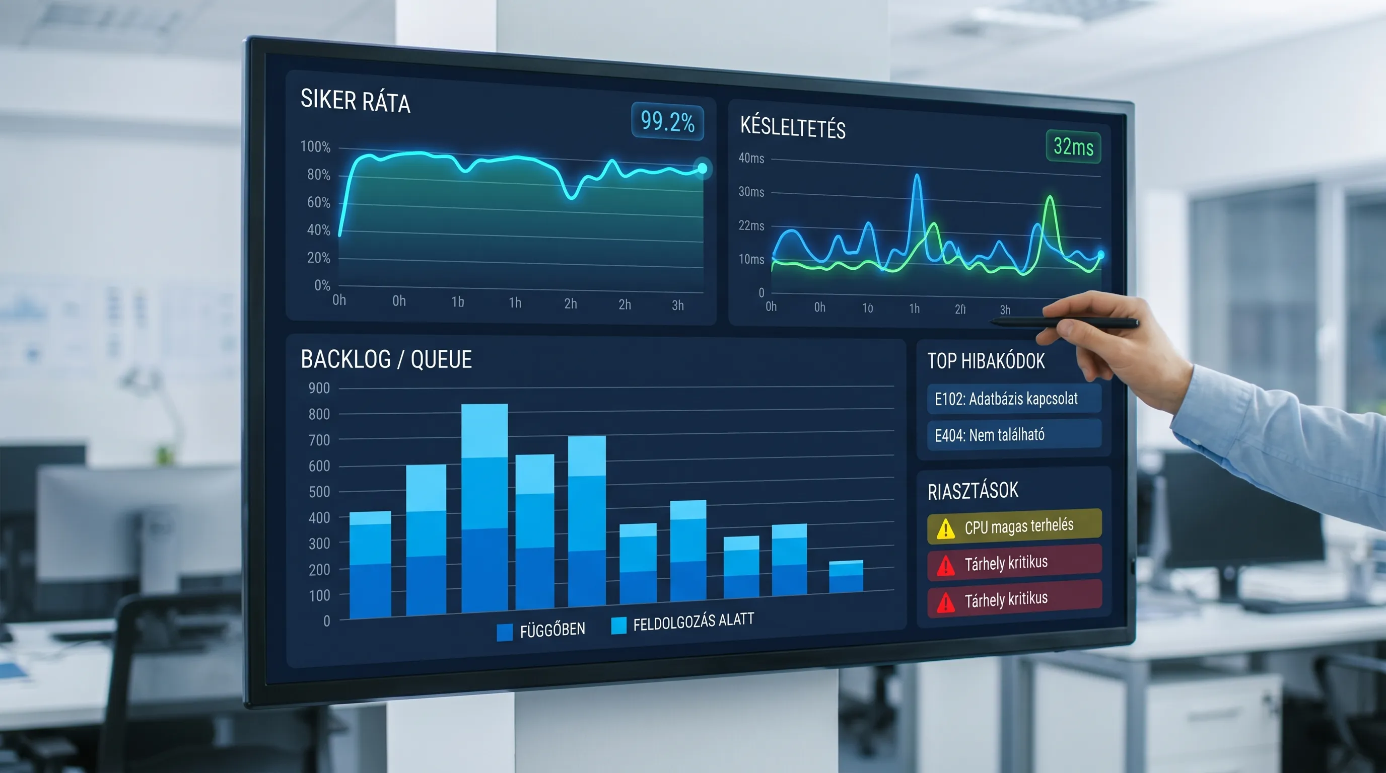 Monitoring dashboard concept: success rate and latency charts in the top row, backlog/queue below, and a list of top error codes and alerts on the right.