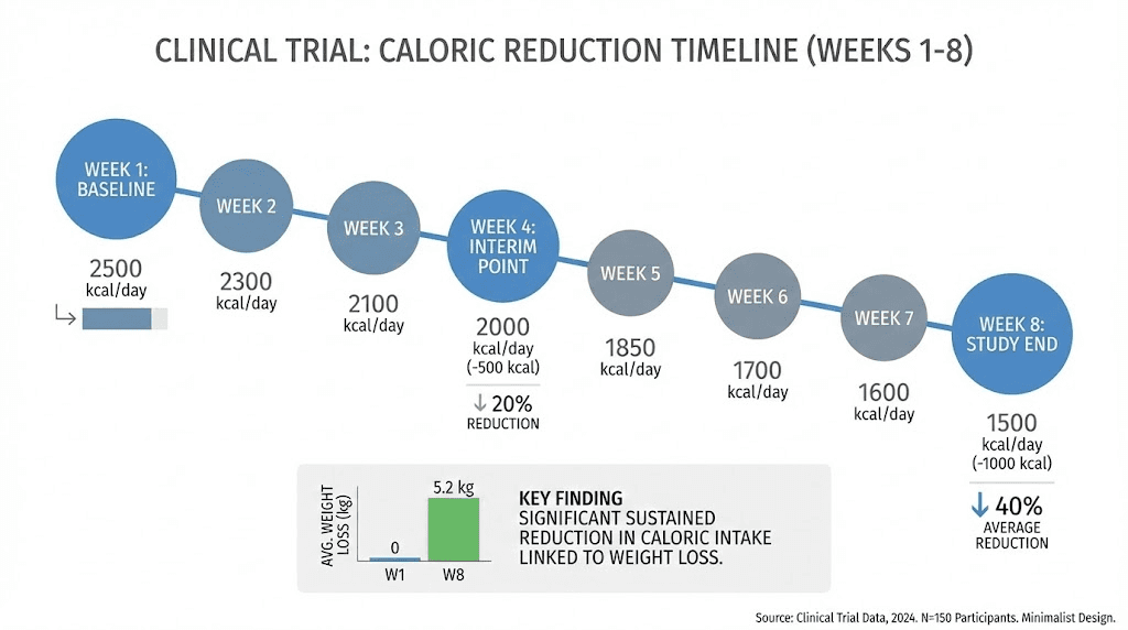 DNF-10 peptide clinical trial results showing caloric intake reduction over time