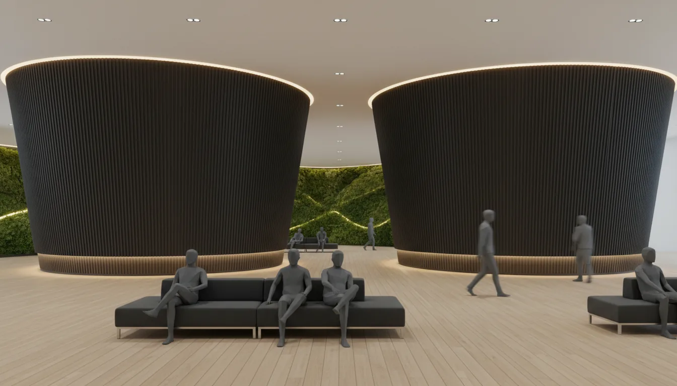 Architectural visualization, 3D render in the style of Twinmotion, eye-level wide shot of a modern public lounge. The scene is defined by two massive, curved walls with dark, vertically fluted panels, illuminated from above and below by warm, continuous LED cove lighting. The background features a large, organically shaped living moss wall, also softly lit. The floor is made of light-colored wood planks. In the foreground, a minimalist dark grey modular bench is occupied by several stylized, low-poly 3D people, while others walk in the background, one with a distinct motion blur effect. The overall atmosphere is created by soft global illumination from a white ceiling with small recessed spotlights.