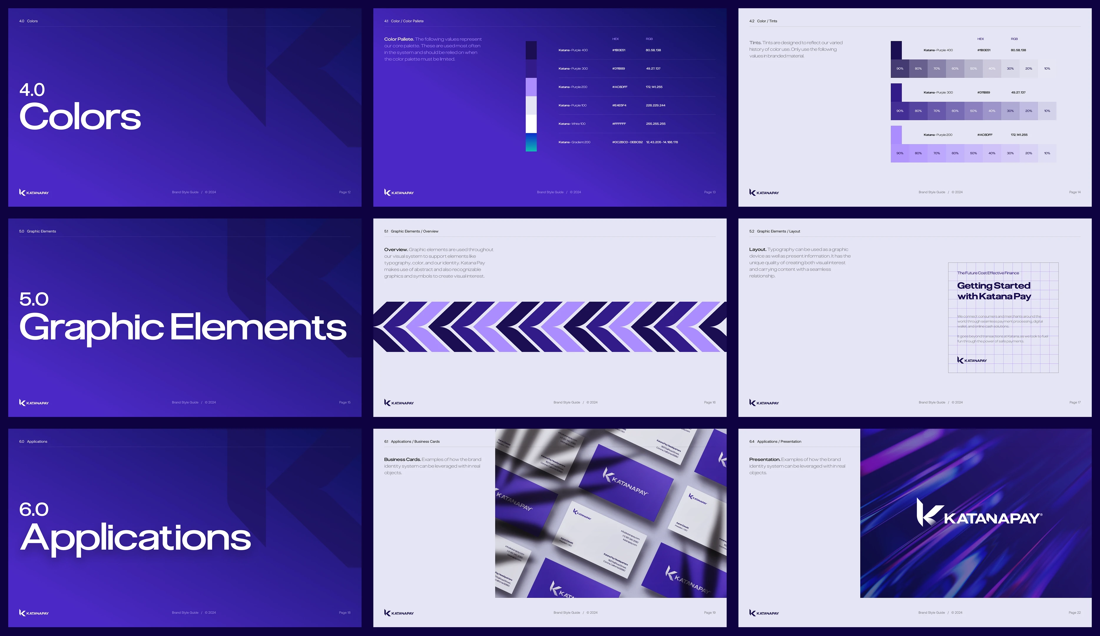 Nine-slide branding presentation grid in purple and white, showing color palettes, graphic elements, business cards, layouts, and KatanaPay applications.
