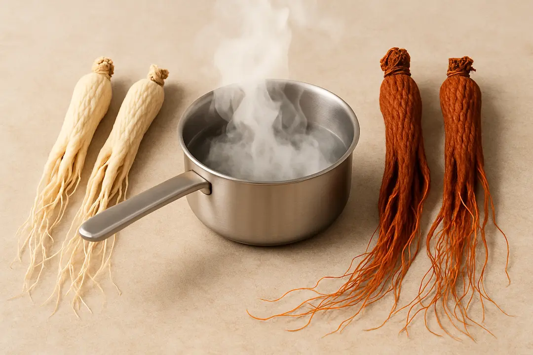 kochender Topf mit Ginseng Wurzeln