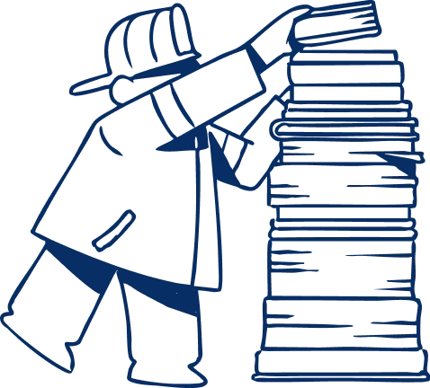 ZL Bookkeeping logo with illustration of a bookkeeper organizing stacks of financial documents and records