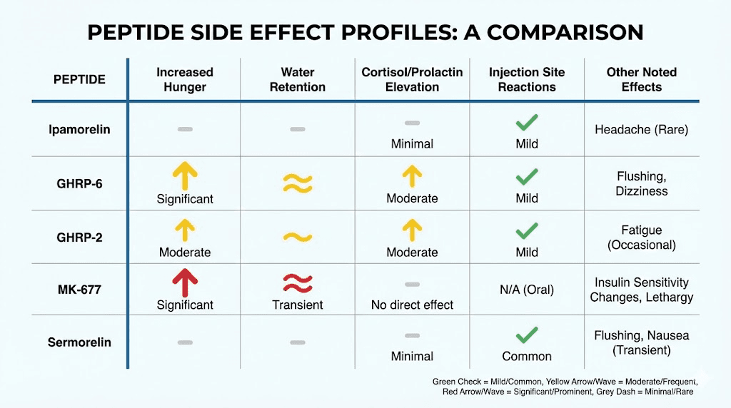 Growth hormone peptide side effects comparison chart including ipamorelin