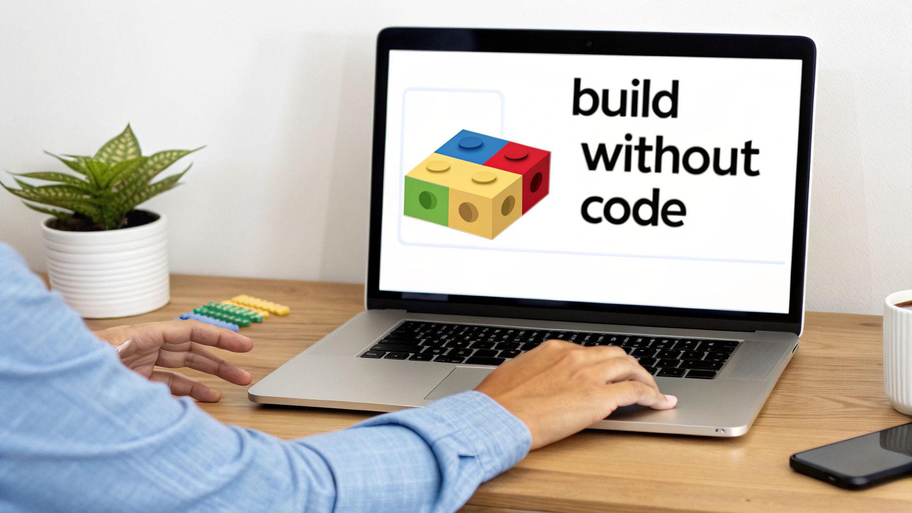 A person's hands on a laptop displaying 'build without code' with colorful building blocks, emphasizing no-code development.
