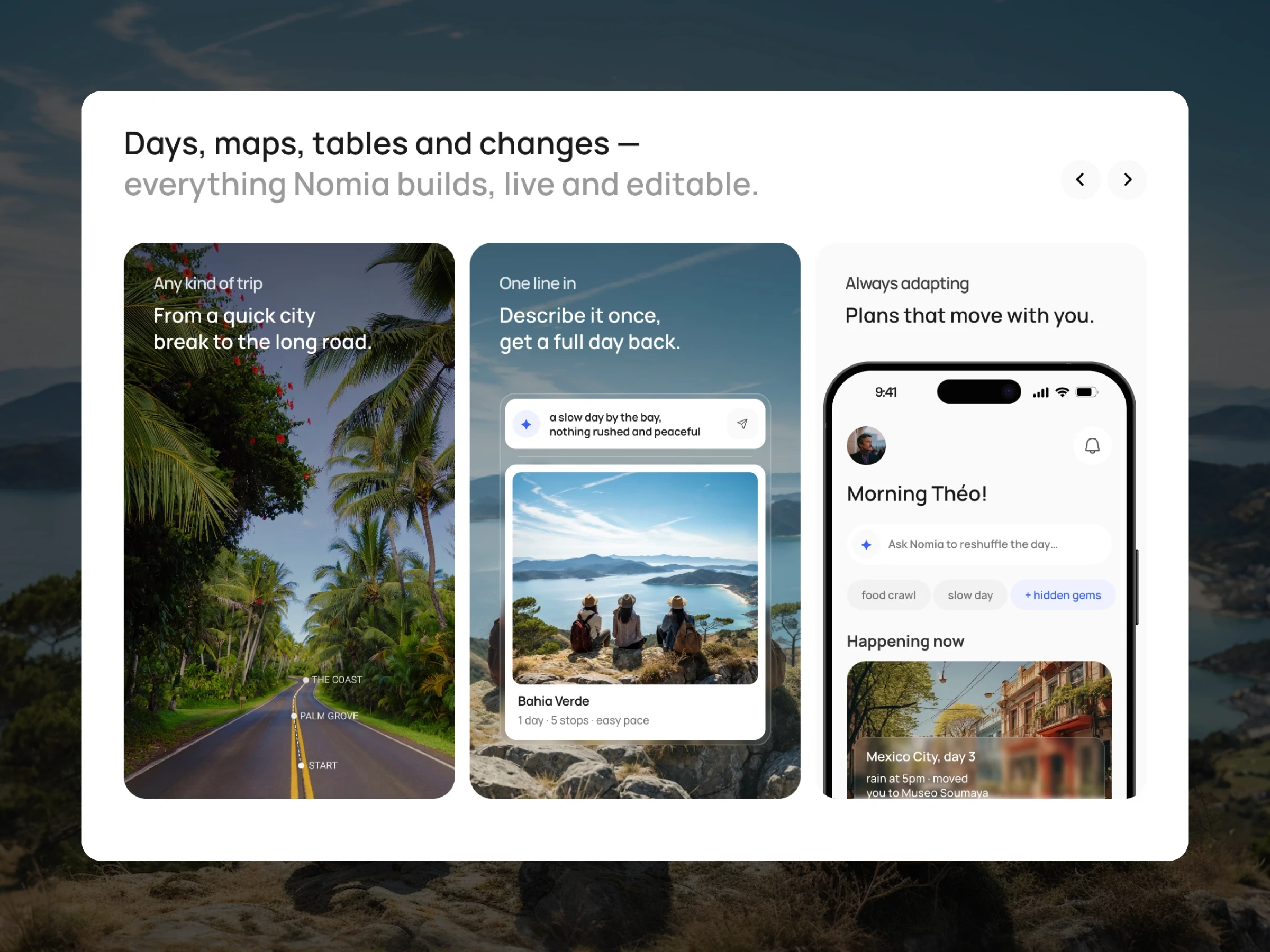 Nomia mobile app trip planner with destination cards