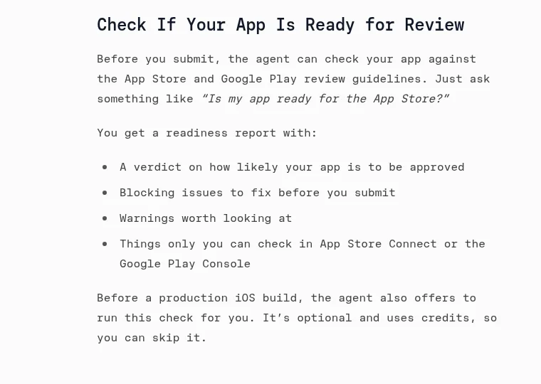 CatDoes docs page on deployment, with the check for App Store and Google Play readiness