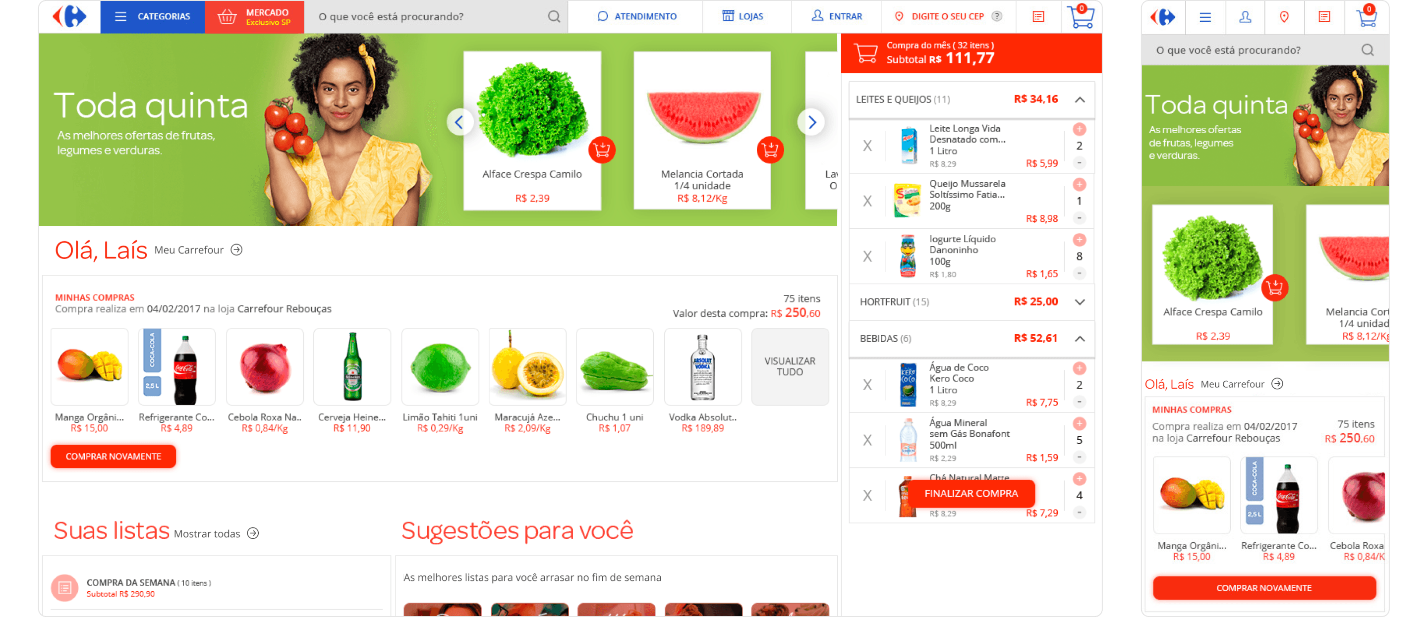 Duas interfaces de um e-commerce da rede Carrefour, uma no formato desktop e outra no formato mobile, destacando a experiência de compra de produtos de mercado.