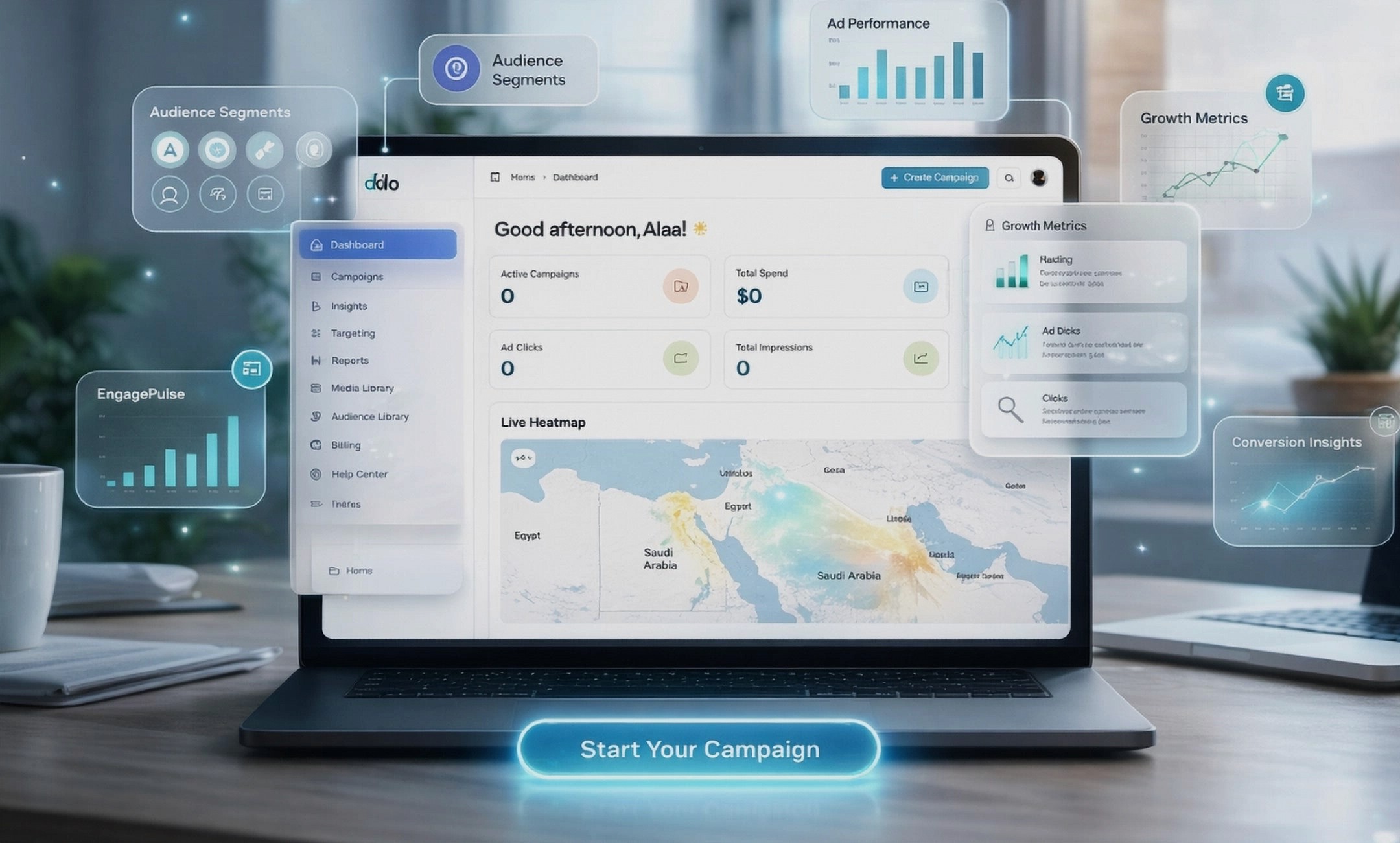 Laptop displaying dKilo’s DOOH advertising dashboard with live heatmaps, audience segments, and campaign performance metrics.