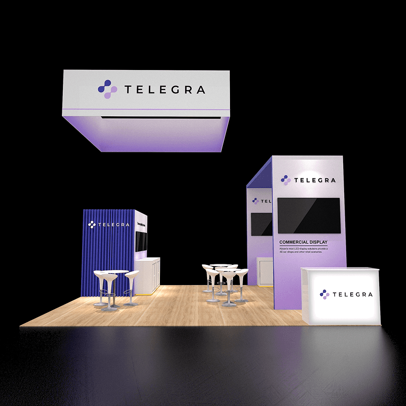 20x20 technology booth rental with overhead branding and demo screens