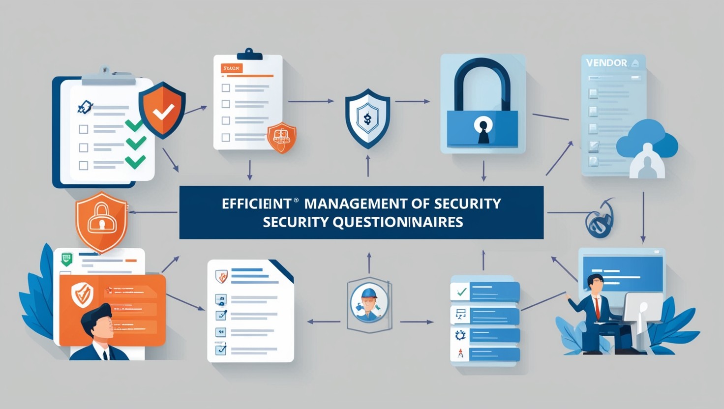 Illustration of efficient management of security questionnaires with checklists, security icons, and automation tools