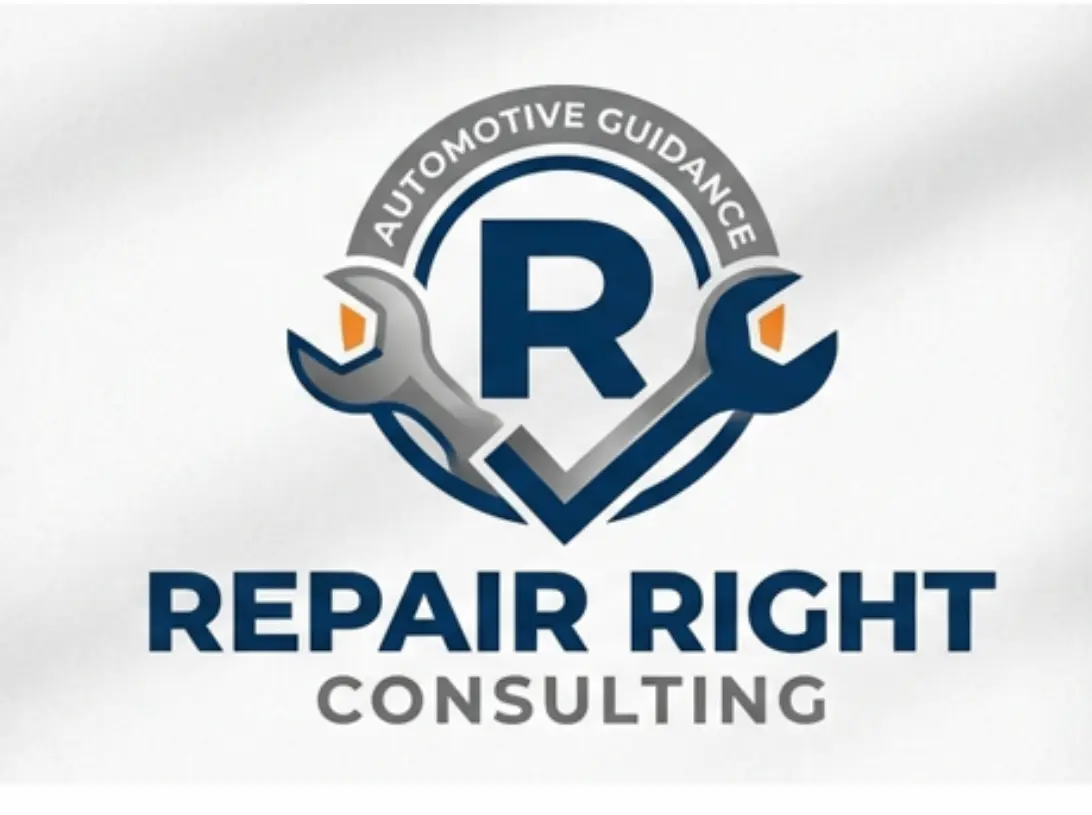 A logo features two stylized wrenches forming a circle around a large blue letter "R," with the words "Automotive Guidance" above and "Repair Right Consulting" below, set against a subtle gray background.
