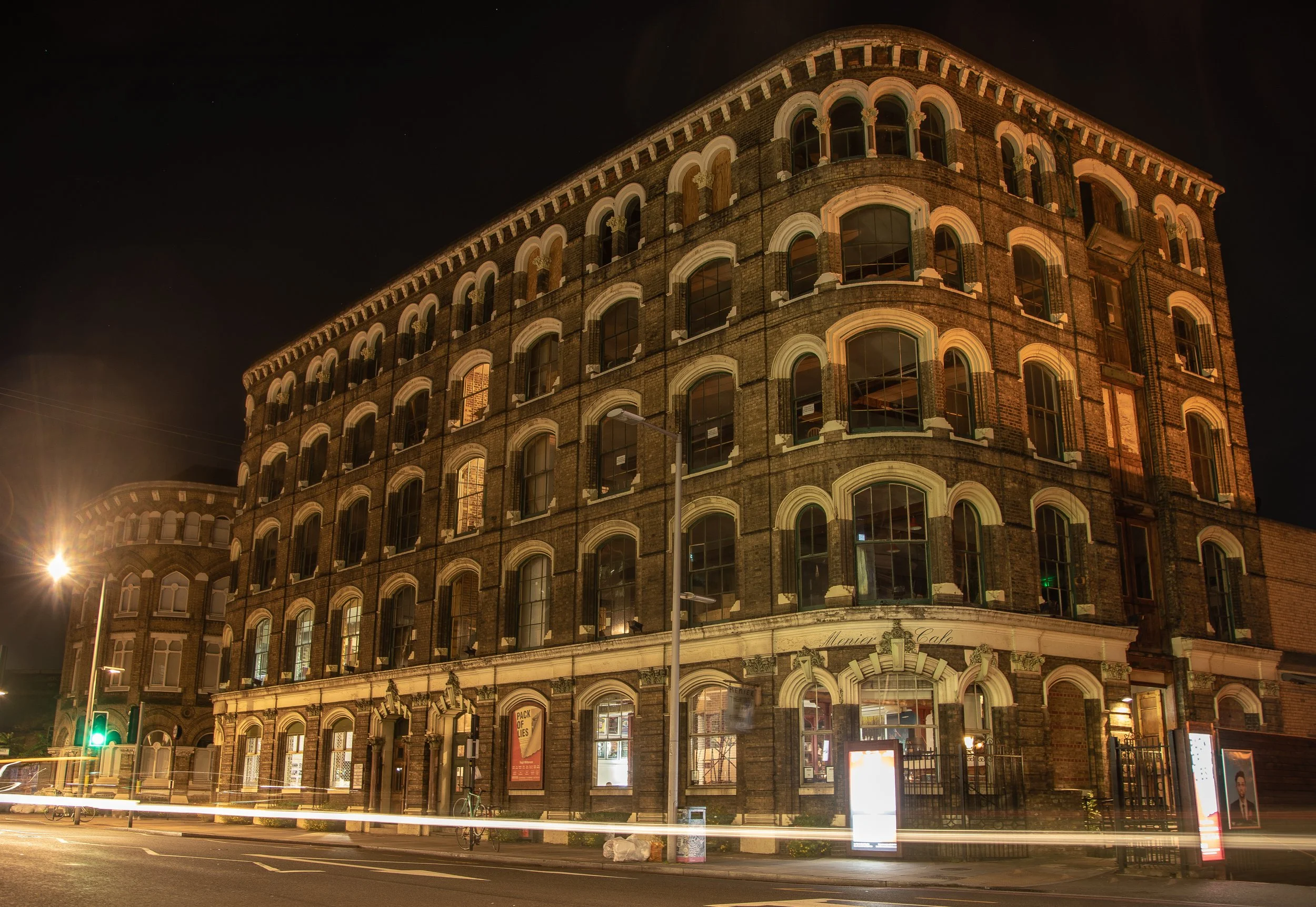 The Menier Chocolate Factory theatre on Southwark Street at night, near Borough Market and 'O Ver Borough restaurant.