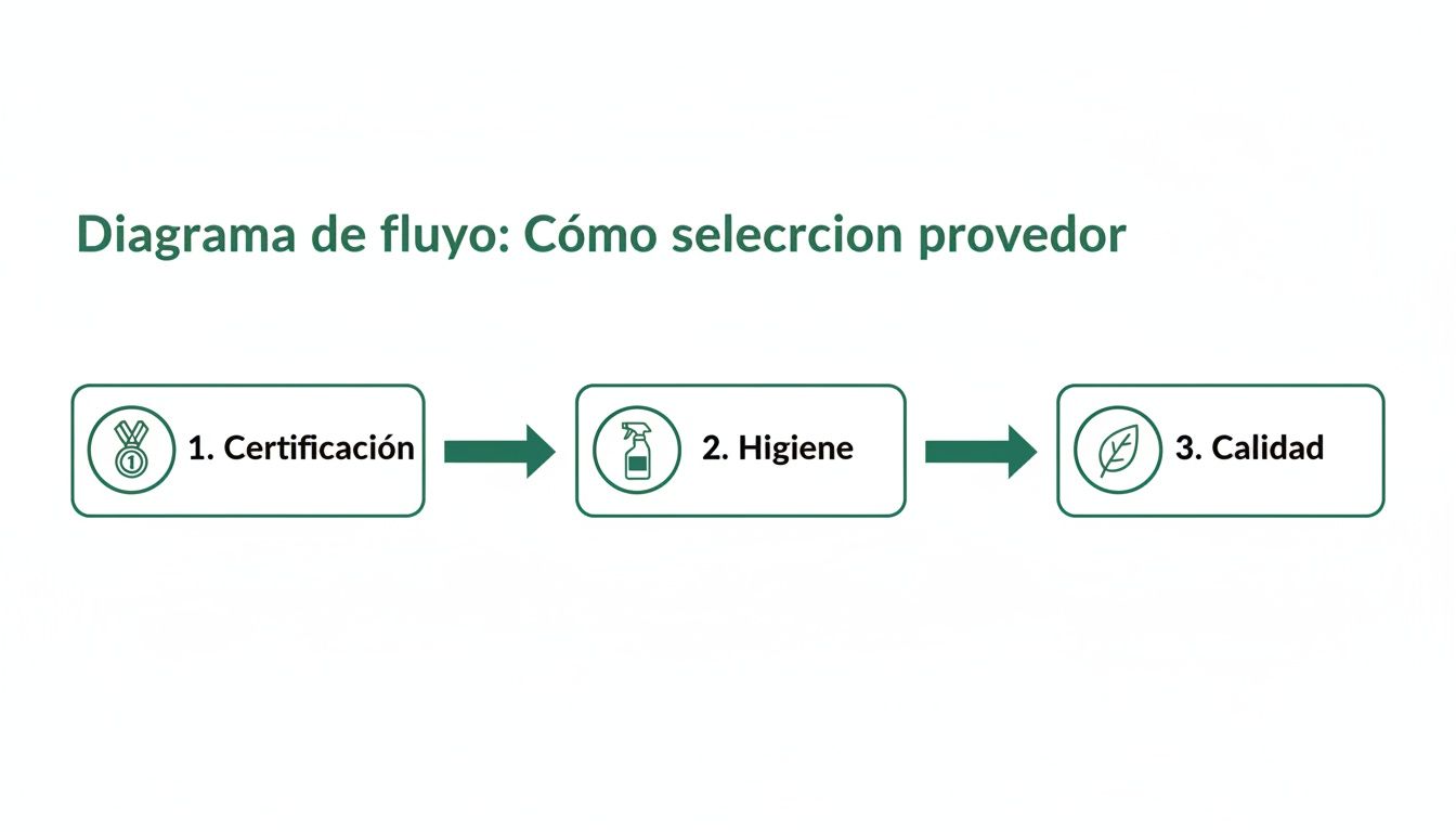 Diagrama de flujo para la selección de proveedores, con pasos de certificación, higiene y calidad.