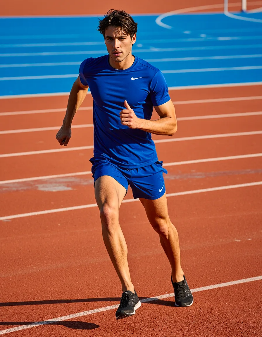 Athletic runner in blue Nike outfit sprinting on bright orange track with blue lanes, captured in dynamic professional sports photography