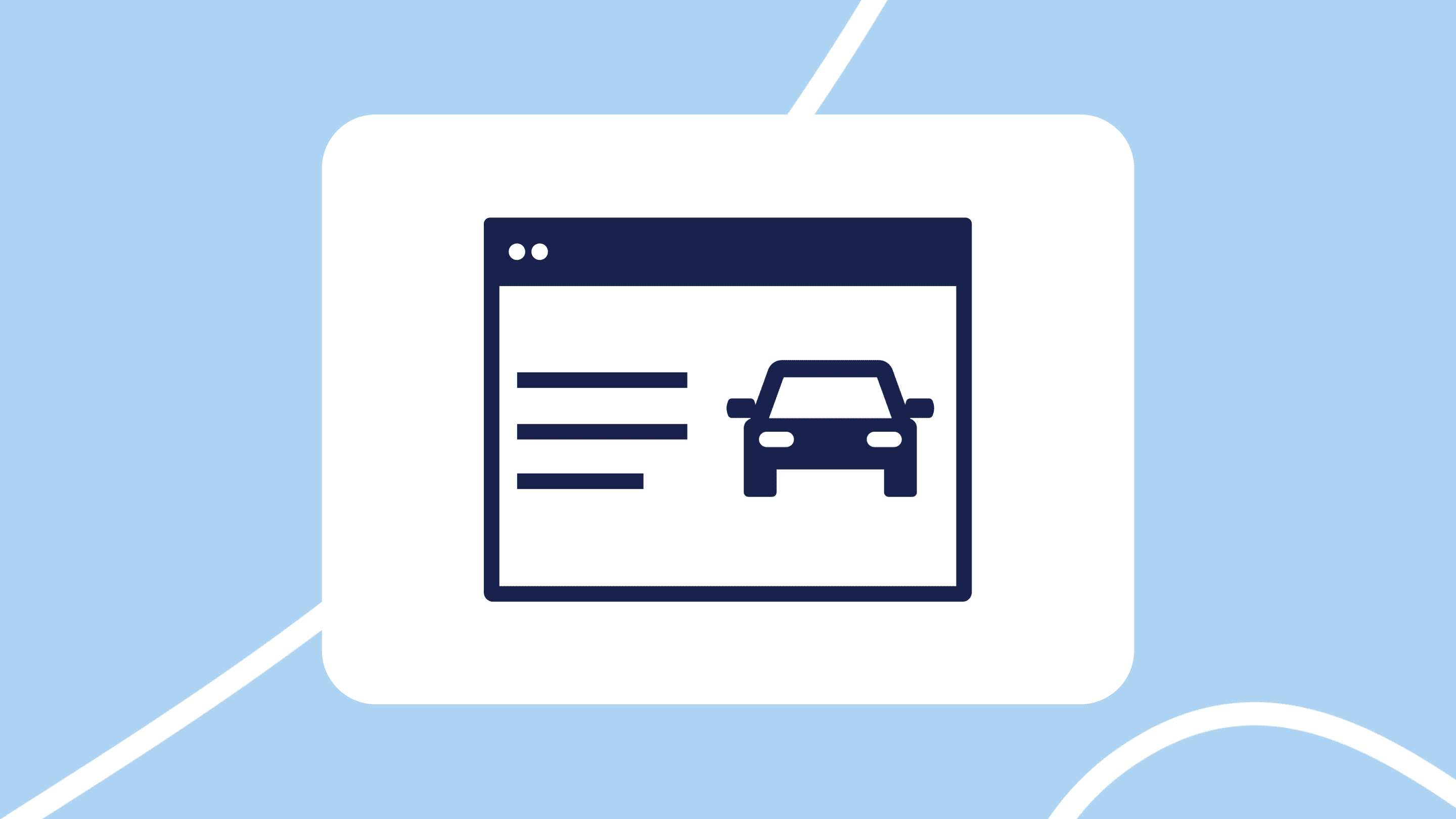 Ilustración de una página web de anuncios de coches: una tarjeta con el icono de un coche y líneas de texto, sobre fondo azul.