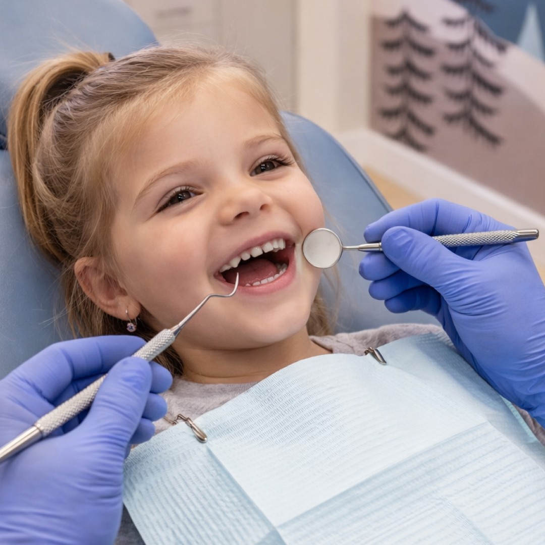 A dental professional demonstrating proper flossing technique on a smiling young girl during her first dental appointment.