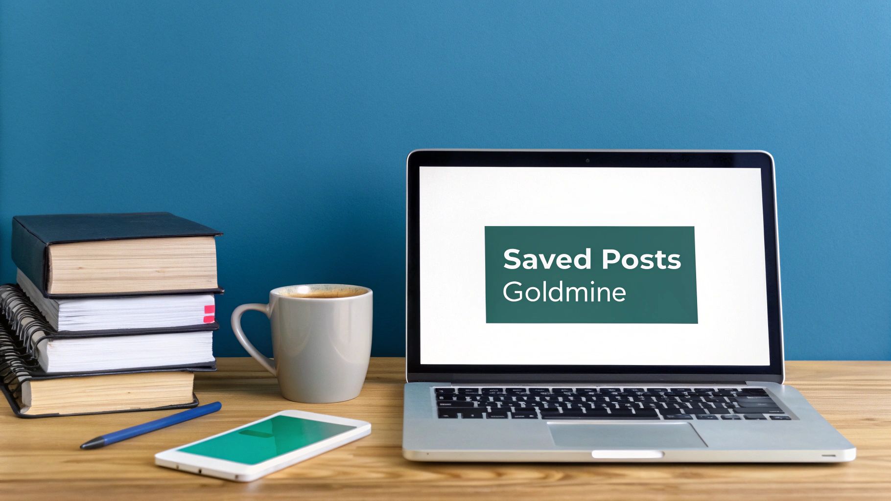 A workspace with a laptop displaying 'Saved Posts Goldmine', books, coffee, a smartphone, and a pen.
