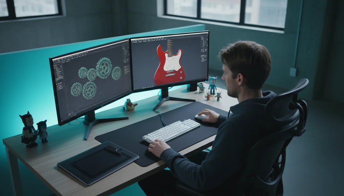 Over-the-shoulder, high-angle DSLR photograph of a male 3D artist at his workstation. He is focused on a dual-monitor setup on a light wood grain desk. The screens display a complex Computer Aided Design (CAD) software in dark mode, one showing a technical wireframe model and the other a 3D render of a red electric guitar. The atmosphere is cool and modern, with cinematic cyan LED backlighting casting a glow from behind the desk. A white keyboard and mouse are on a black mat. Sharp focus on the workstation, with a shallow depth of field.