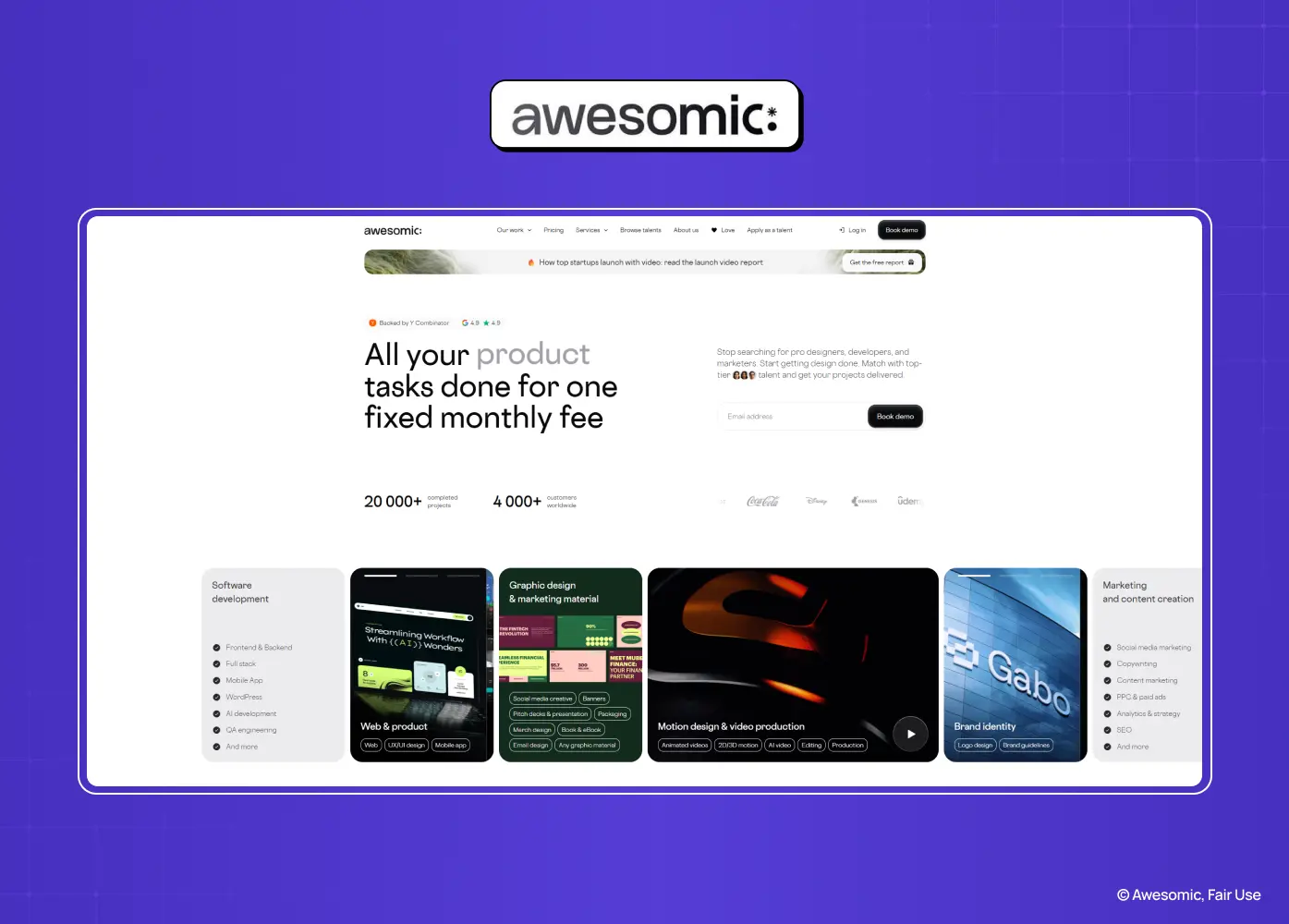 Homepage of Awesomic presenting subscription-based product design and creative services with a fixed monthly pricing model.
