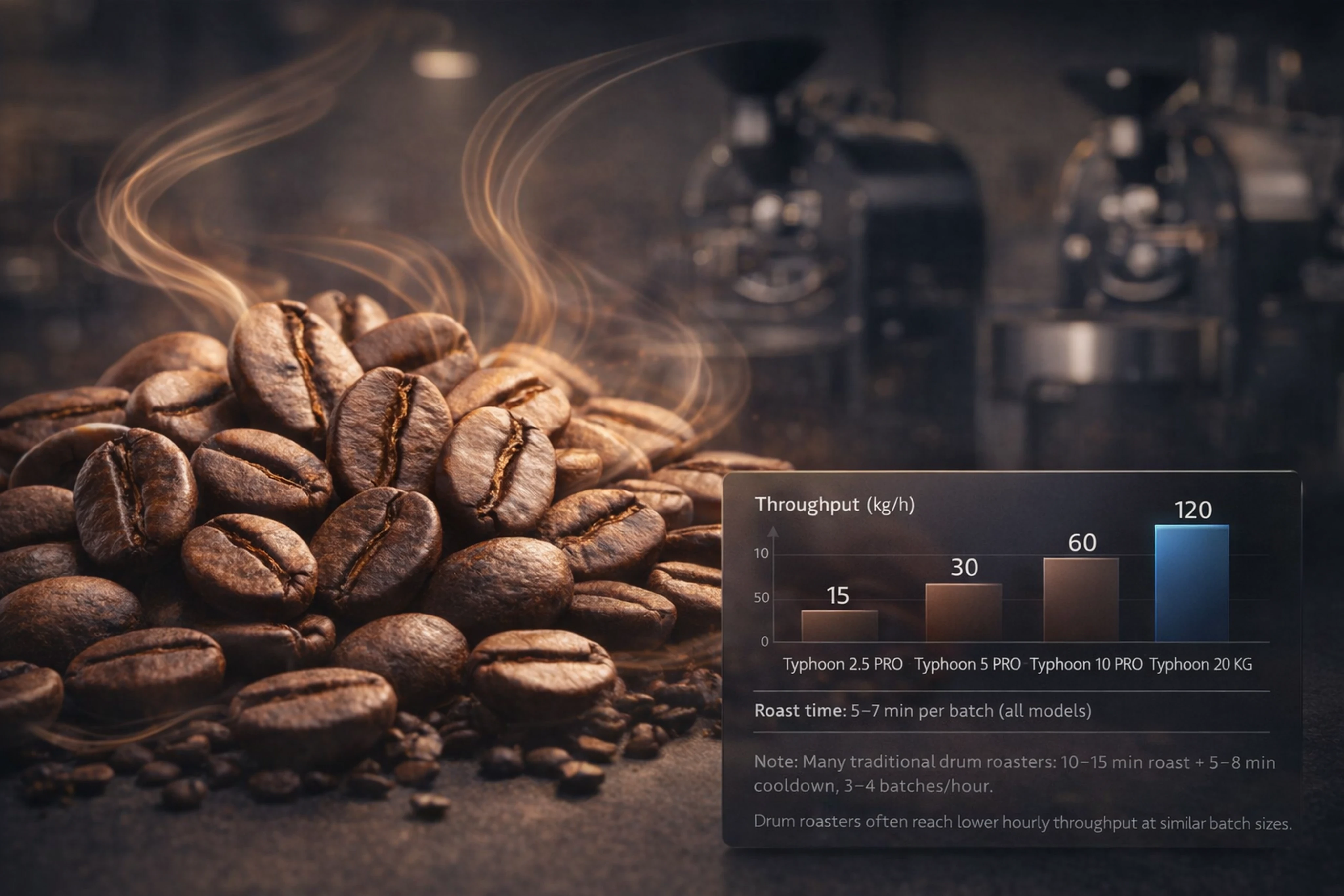 Infographic comparing throughput and roast times of Typhoon fluid-bed coffee roaster models.