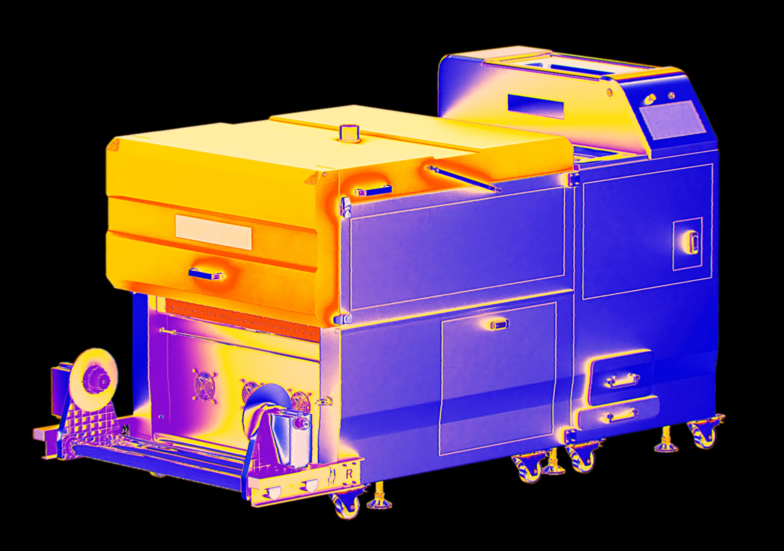 Thermal imaging graphic of the Dune X DTF powder shaker, visually demonstrating its consistent temperature maintenance and uniform internal heat distribution achieved by effective smoke removal to enhance drying quality.