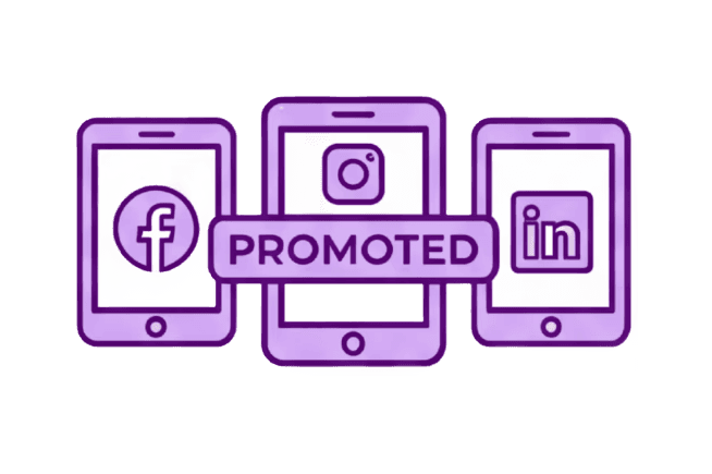 Purple smartphone icons for Facebook, Instagram, and LinkedIn with a PROMOTED banner across the center.
