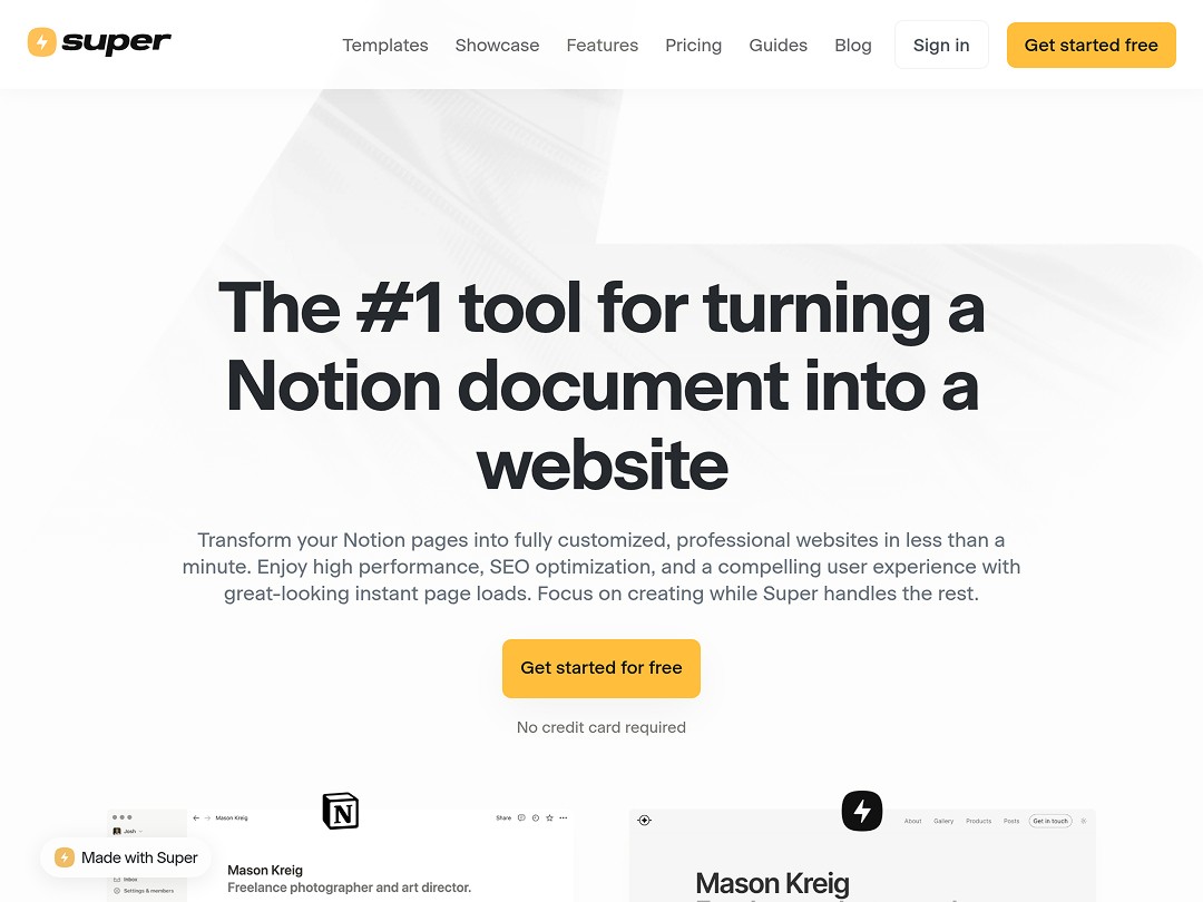 The image displays a website homepage for a tool that transforms Notion documents into customized websites, emphasizing its high performance and SEO optimization, with a call-to-action button labeled "Get started for free."