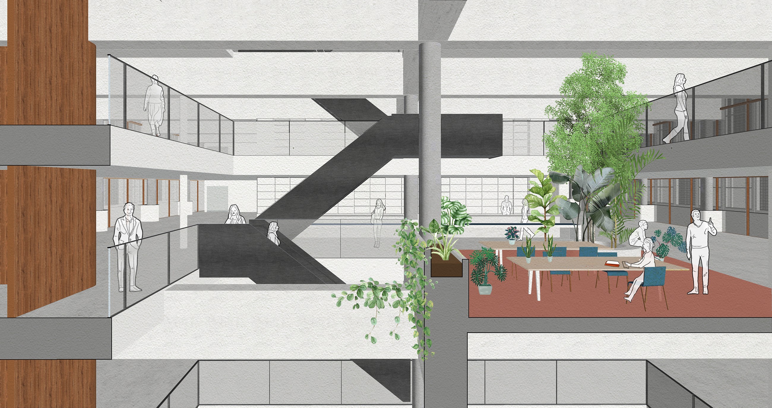 Section drawing of the interior design on one of the floors inside the renovate Stationspostgebouw