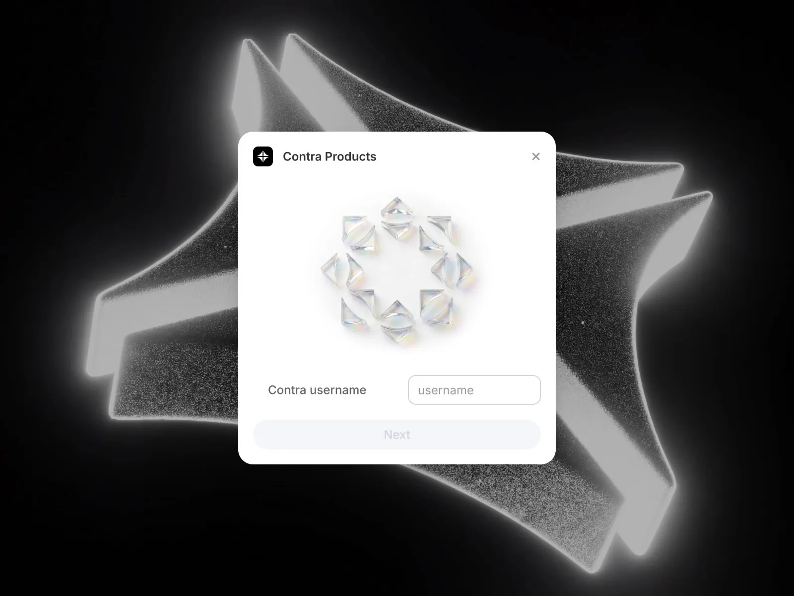 Abstract geometric login screen with crystal shapes on a dark background.